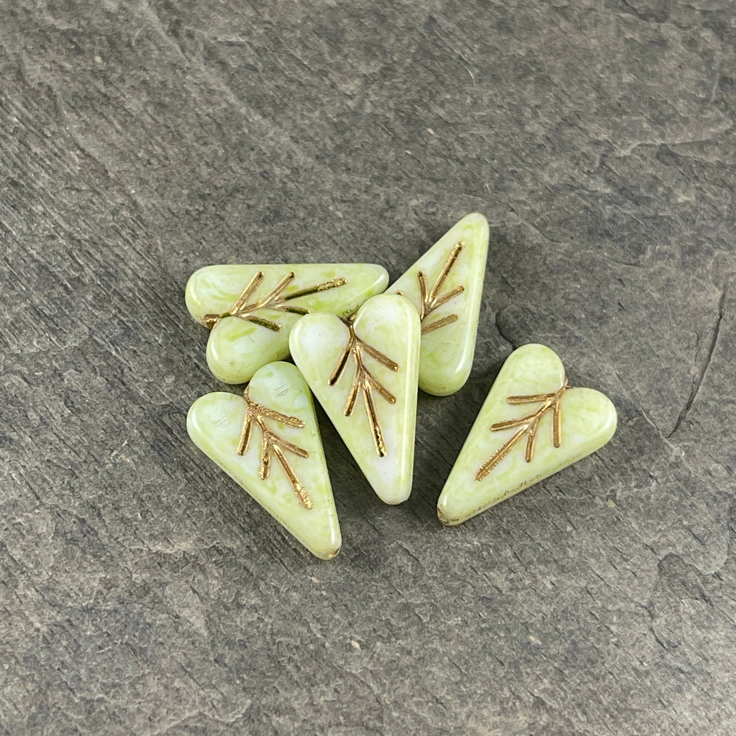 Pale Green and White Czech Glass Elongated Heart Shape Beads ~ 16x11mm Heart Leaf Bead with Gold Wash (HL-GrGold) * Qty. 6