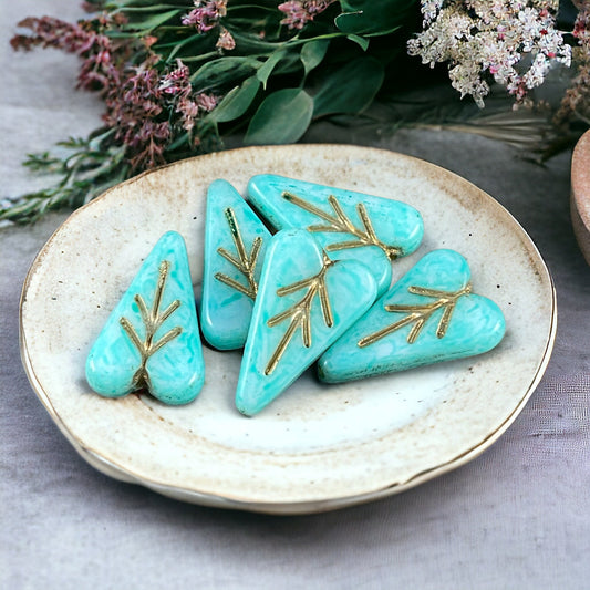 Light Turquoise Blue Czech Glass Elongated Heart Shape Beads ~ 16x11mm Heart Leaf Bead with Gold Wash (HL-TBGold) * Qty. 6