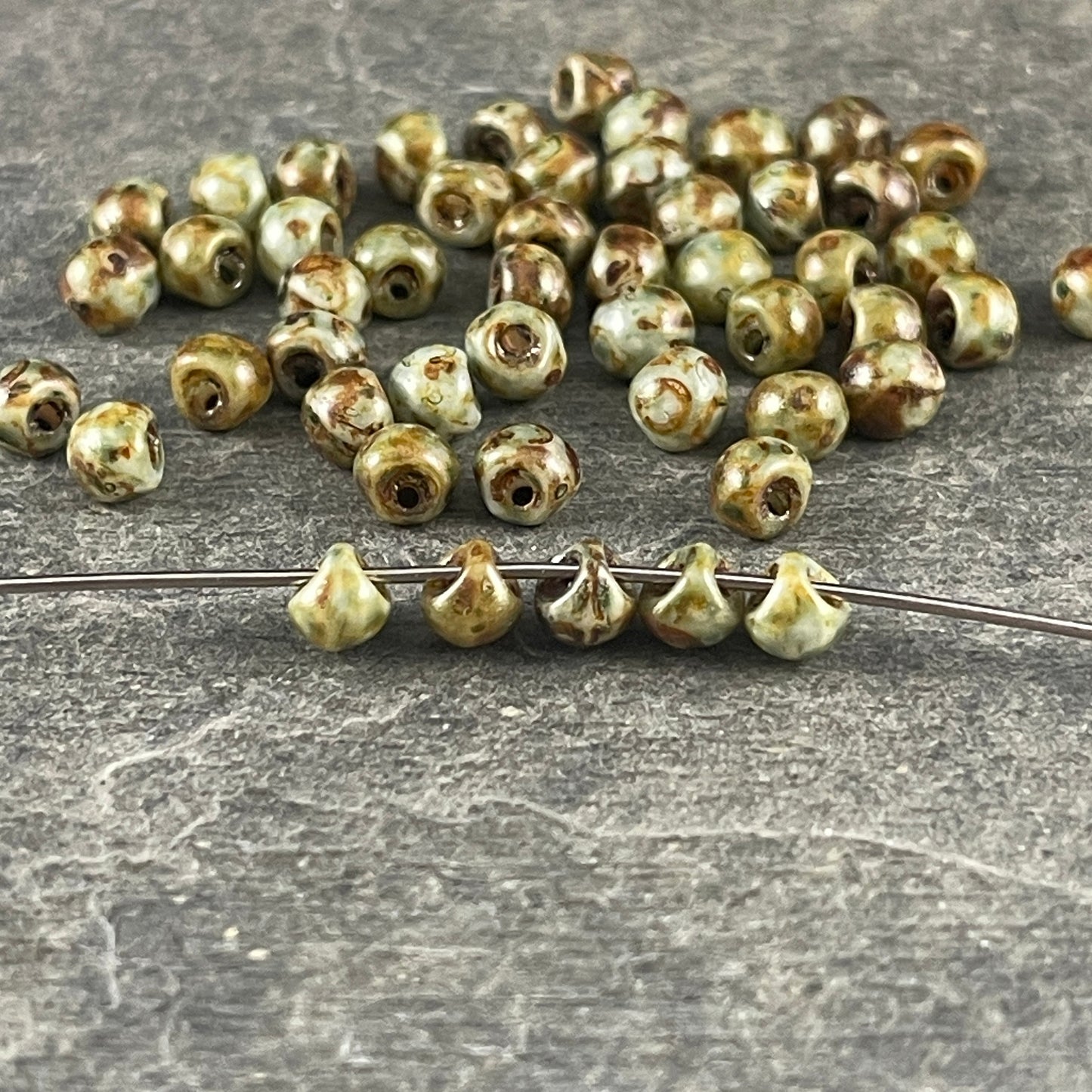 Czech Glass Beads - Sage Green Picasso 4x4mm Briolette Mushroom (BB-Mushroom) * Qty. 50