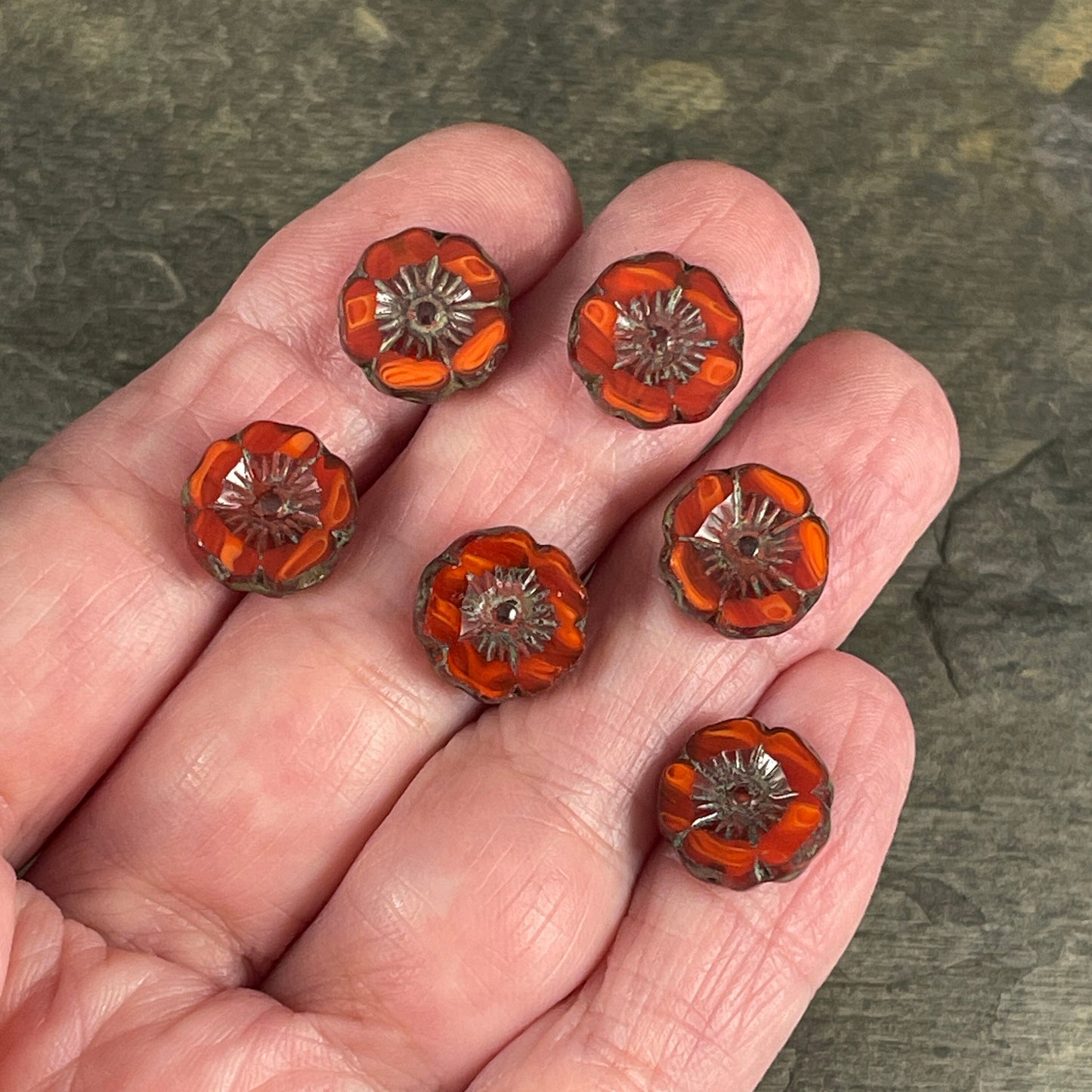 Czech Glass Beads - 12mm Dark Orange Hibiscus Flower Beads ~ Reddish Orange Two-Tone Glass with Picasso Finish (FL12/RJ-1148) * Qty. 6