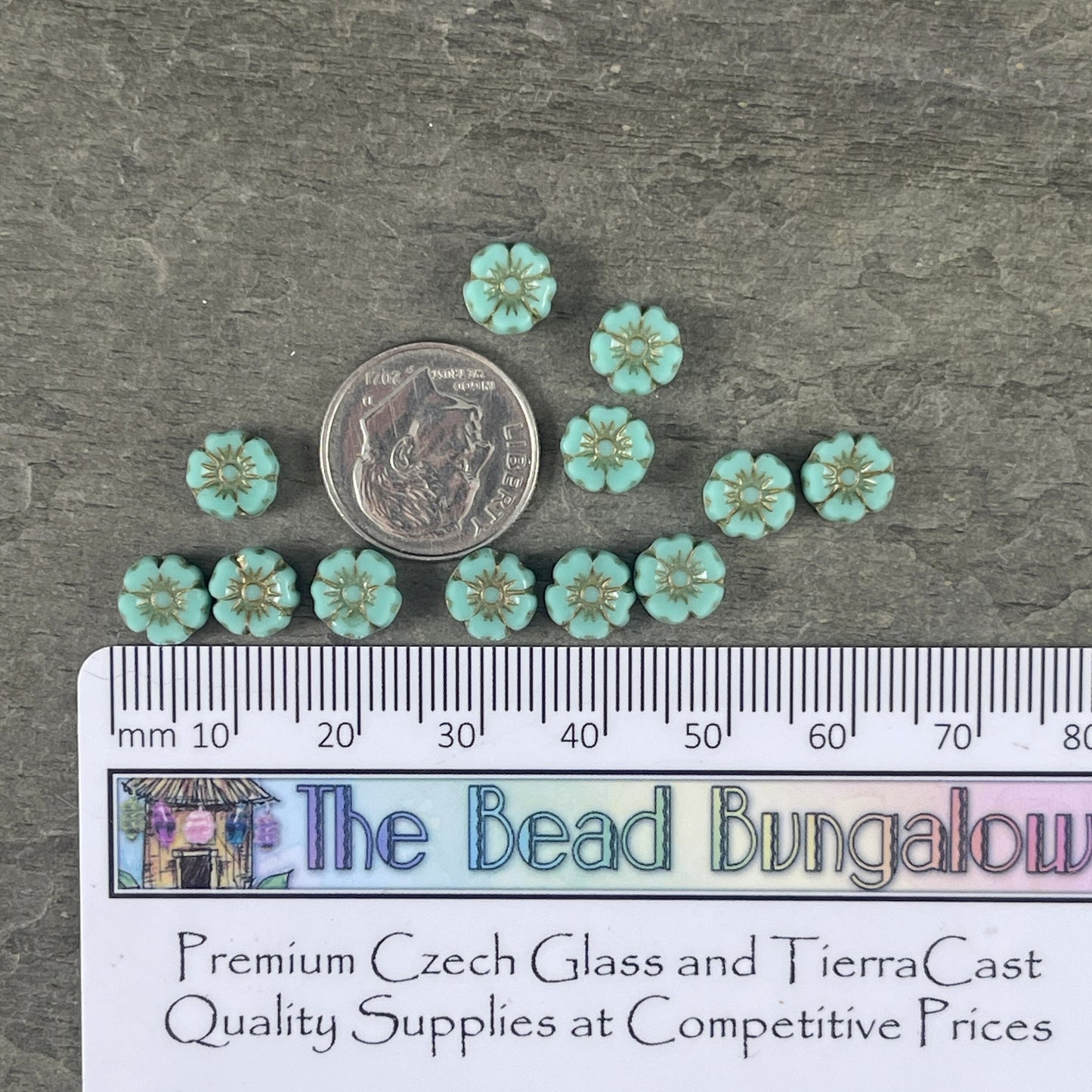 Tiny 7mm Flower Beads, Turquoise Blue Hibiscus Flowers, Light Blue Czech Glass Beads with Picasso Finish (FL7/RJ-1199) * Qty. 12