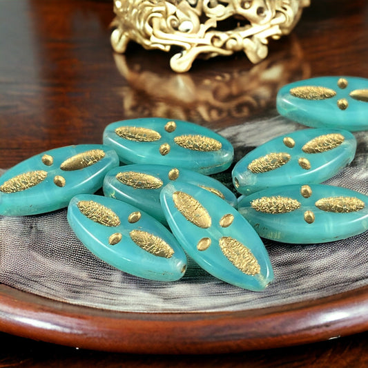 Czech Glass Beads - 20x9mm Marquise Shape, Aqua Opal with Gold Wash (PSpndl-1) * Qty. 8