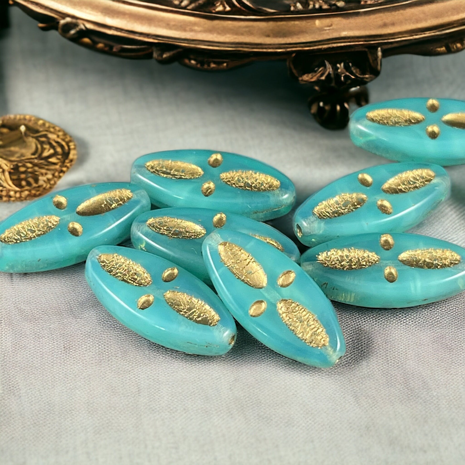 Czech Glass Beads - 20x9mm Marquise Shape, Aqua Opal with Gold Wash (PSpndl-1) * Qty. 8