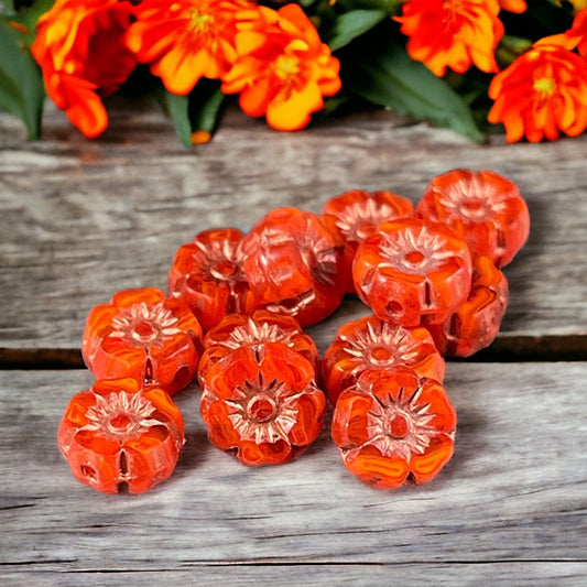 Tiny 7mm Flower Beads ~ Dark Orange Opaline Hibiscus Flowers with Copper Wash ~ Orange Czech Glass Table Cut Beads (FL7/RJ-1201) * Qty. 12