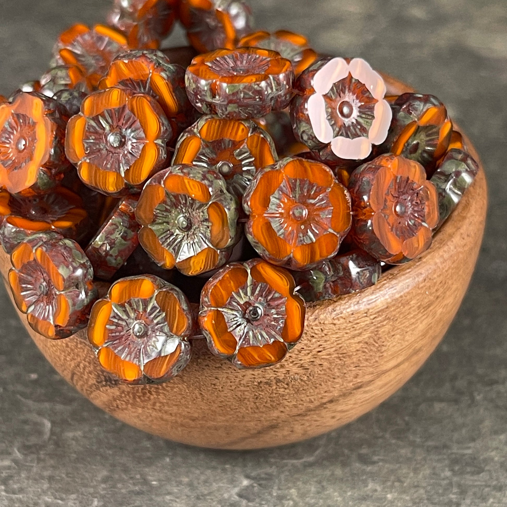 Czech Glass Beads - 12mm Striped Orange Hibiscus Flower Beads ~ Burnt Orange Two-Tone Glass with Picasso Finish (FL12/RJ-1186) * Qty. 6