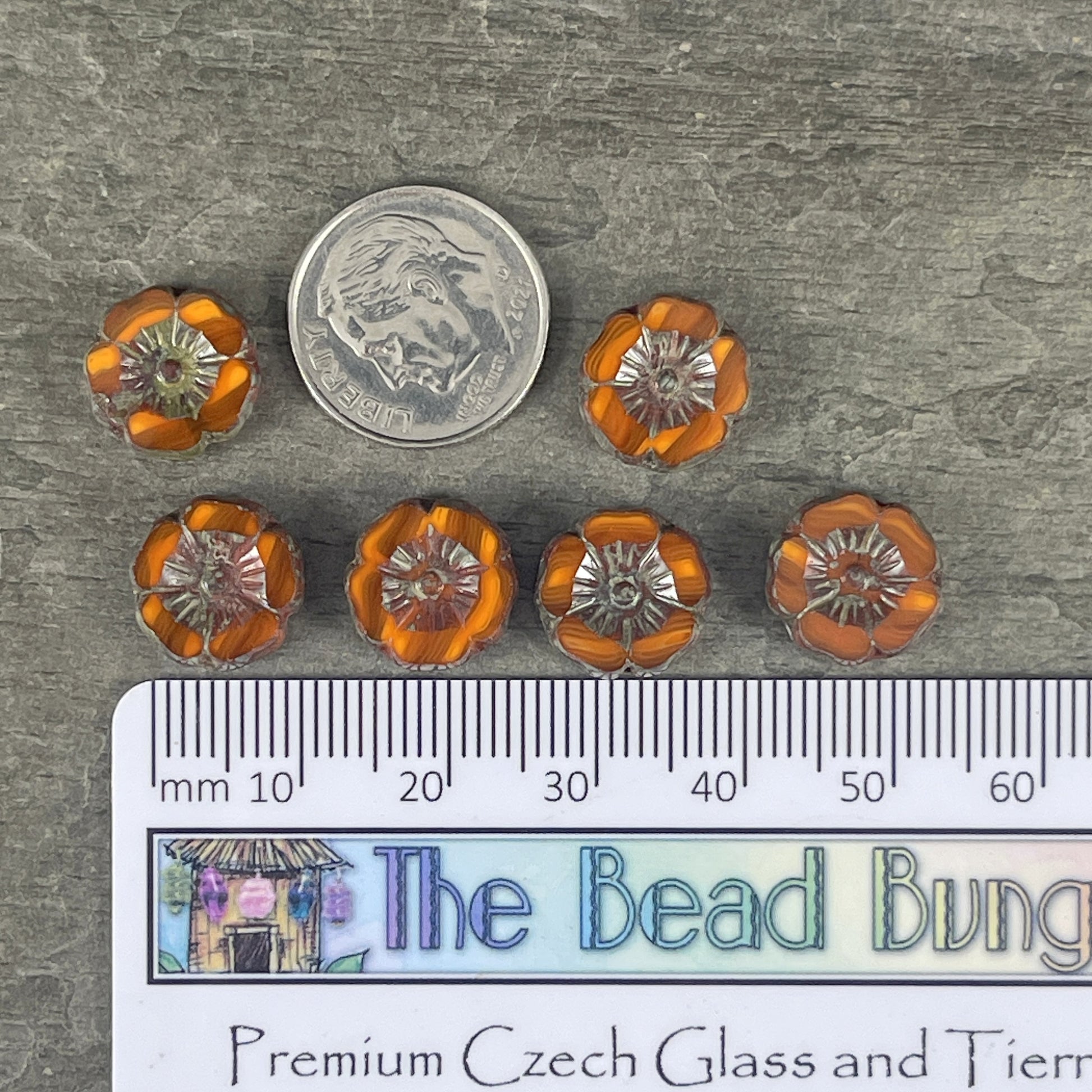 Czech Glass Beads - 12mm Striped Orange Hibiscus Flower Beads ~ Burnt Orange Two-Tone Glass with Picasso Finish (FL12/RJ-1186) * Qty. 6