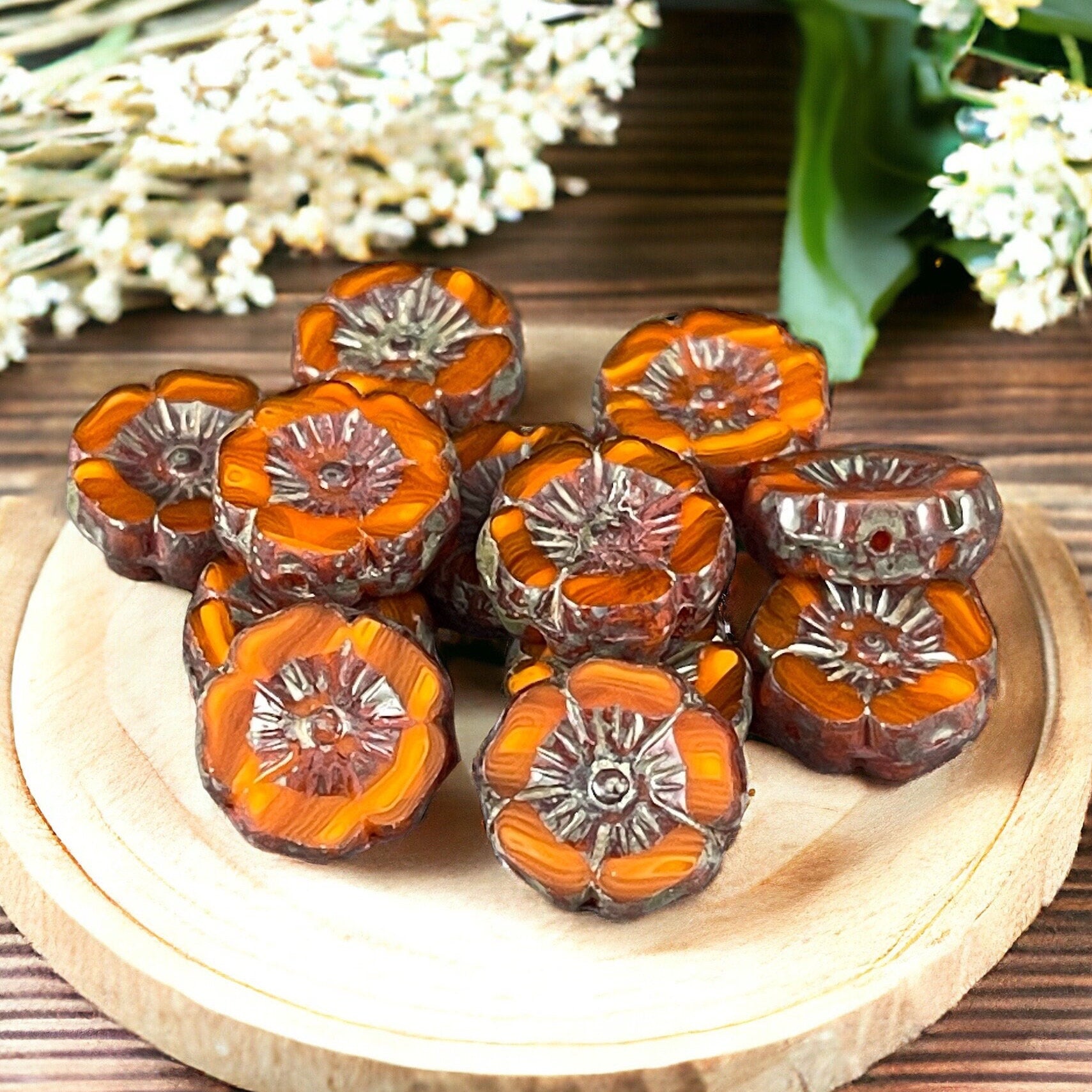 Czech Glass Beads - 12mm Striped Orange Hibiscus Flower Beads ~ Burnt Orange Two-Tone Glass with Picasso Finish (FL12/RJ-1186) * Qty. 6