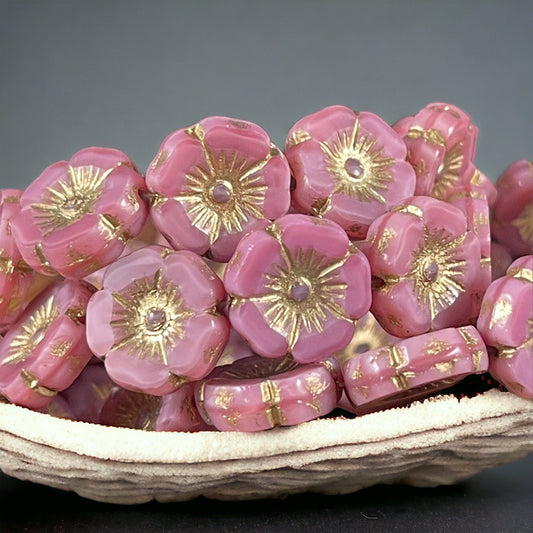 Czech Glass Beads - 12mm Opaque Pink Hibiscus Flower Beads ~Vintage Rose Pink Silk with Gold Wash (FL12/RJ-1165) * Qty. 6