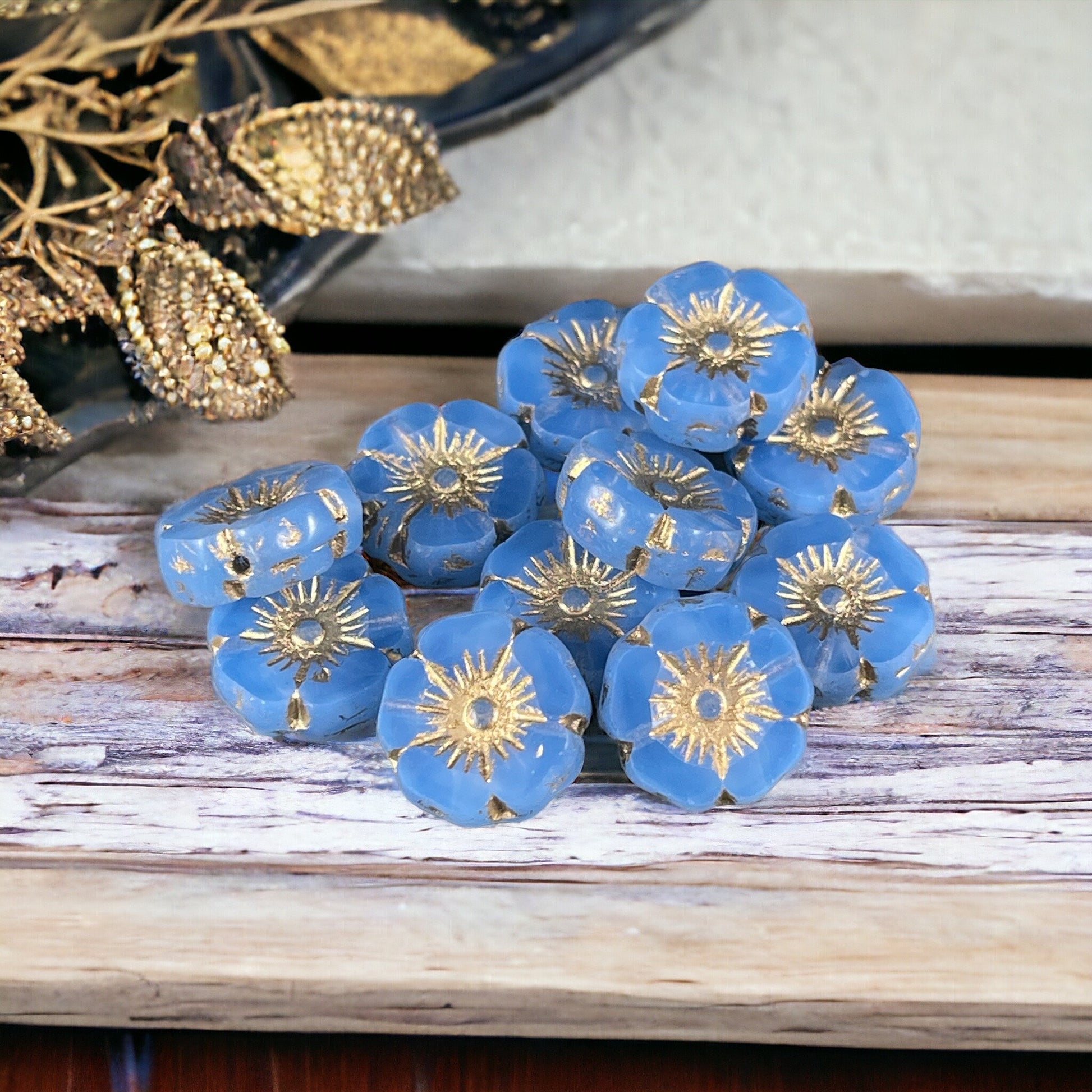 Czech Glass Beads - 12mm Sapphire Blue Hibiscus Flower Beads ~ Sapphire Opaline Glass with Gold Wash (FL12/RJ-1166) * Qty. 6