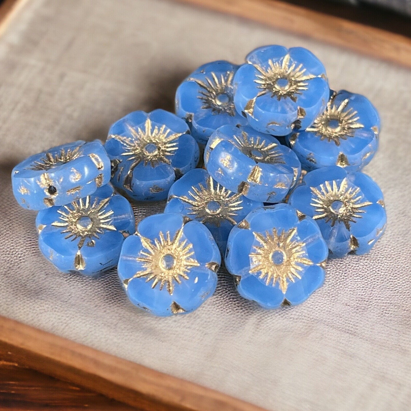 Czech Glass Beads - 12mm Sapphire Blue Hibiscus Flower Beads ~ Sapphire Opaline Glass with Gold Wash (FL12/RJ-1166) * Qty. 6