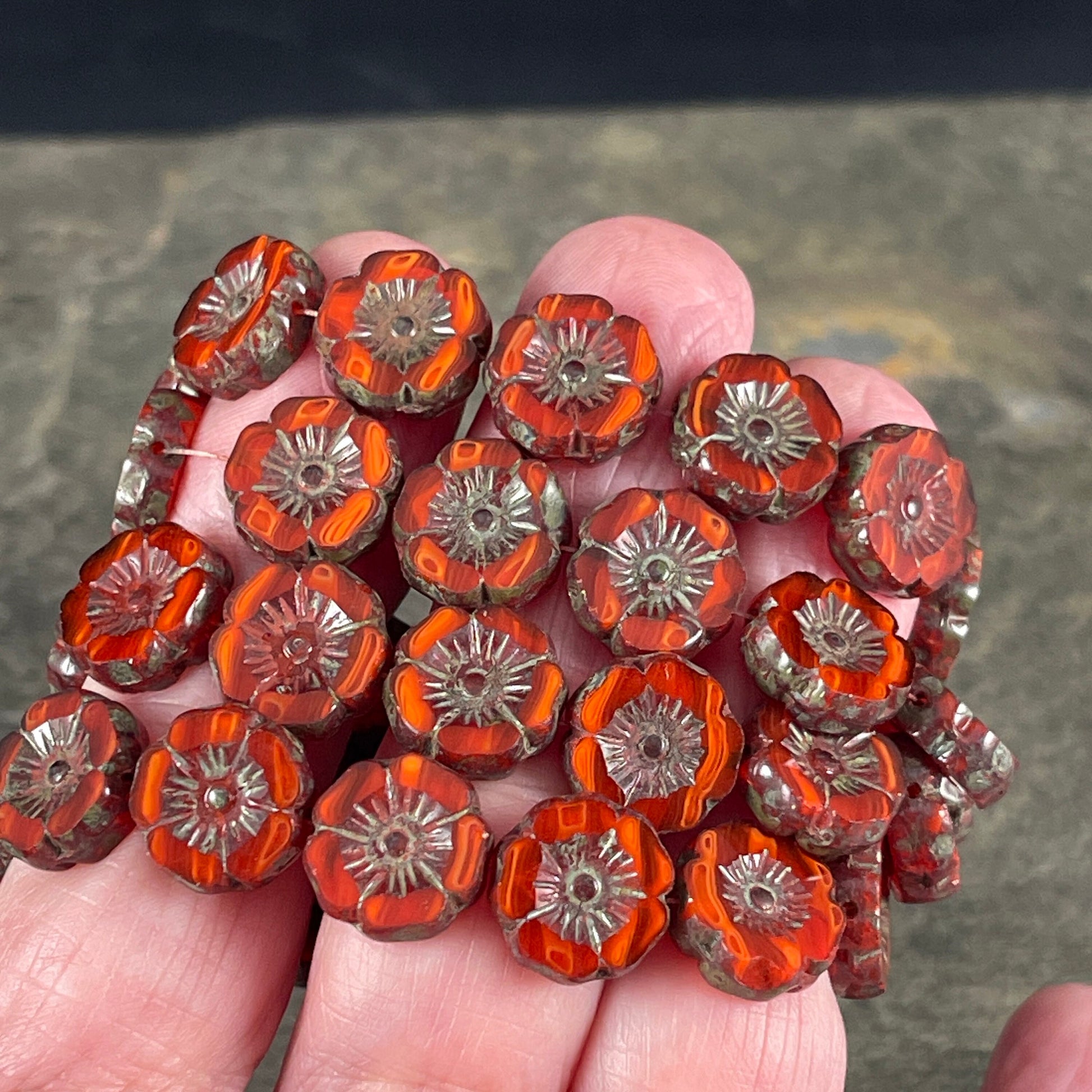 Czech Glass Beads - 12mm Dark Orange Hibiscus Flower Beads ~ Reddish Orange Two-Tone Glass with Picasso Finish (FL12/RJ-1148) * Qty. 6