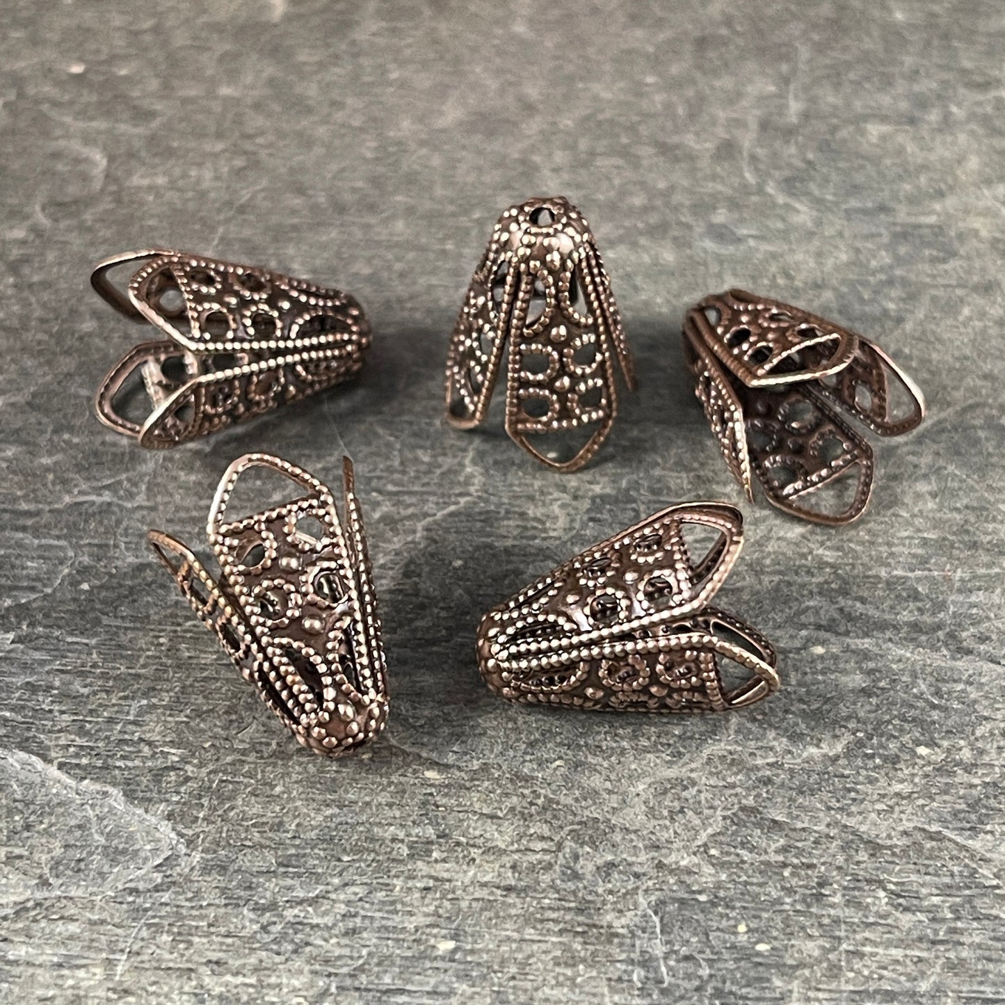 Antiqued Copper Bead Caps, 12mm Deep Expandable Caps for Teardrop, Bendable Filigree Bead Caps, Tassel Caps (VJS-T38) * Qty. 4