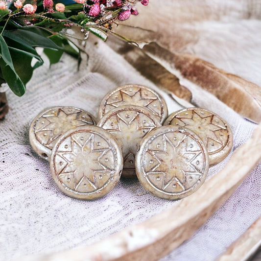 Czech Glass Beads - 14mm Star of Ishtar, Alabaster Beige with Platinum Wash (PSOI-9) * Qty. 6