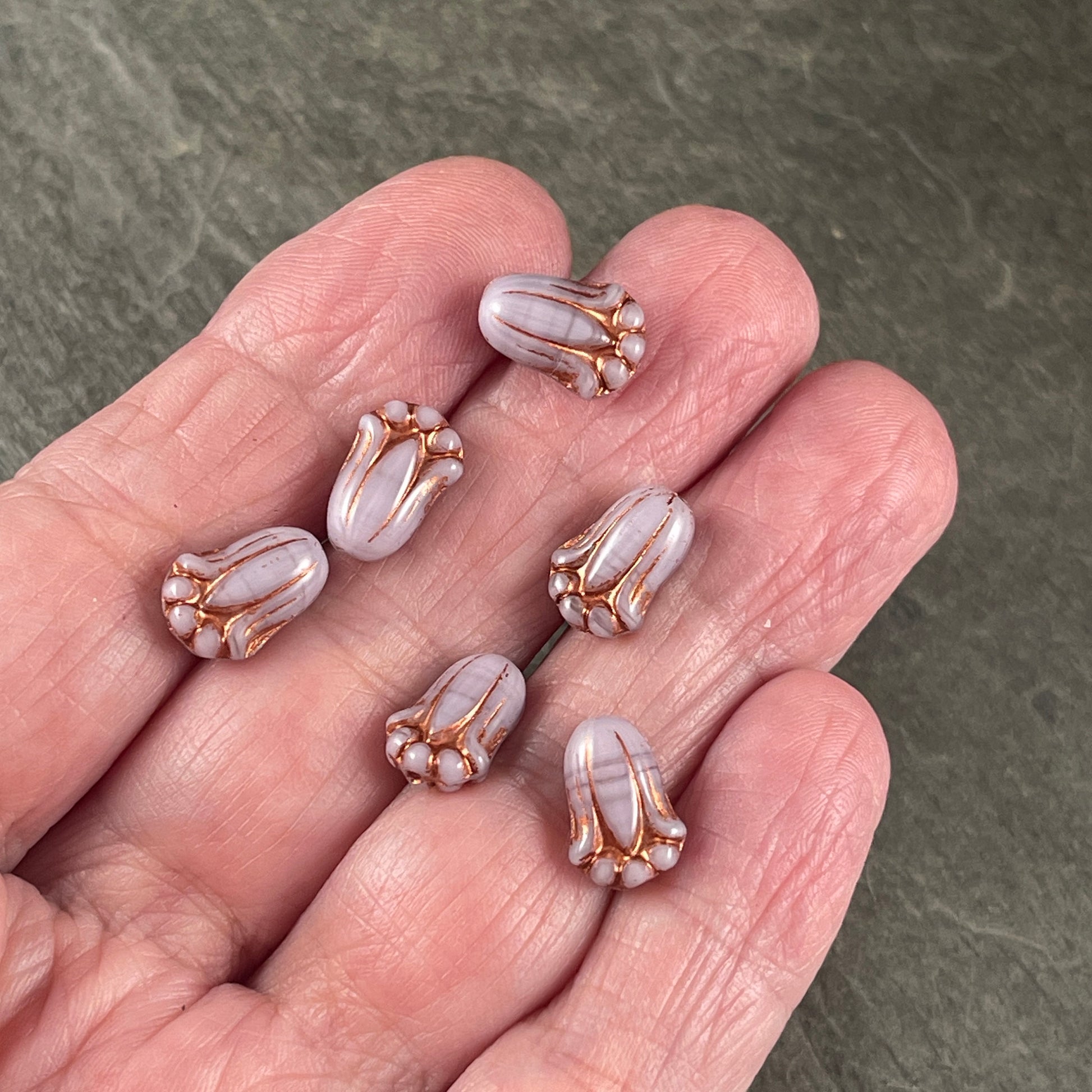 Light Purple Lily Bud Beads with Copper Wash, Czech Glass Beads, 12x8mm Flower Bud (LBud15) * Qty. 12