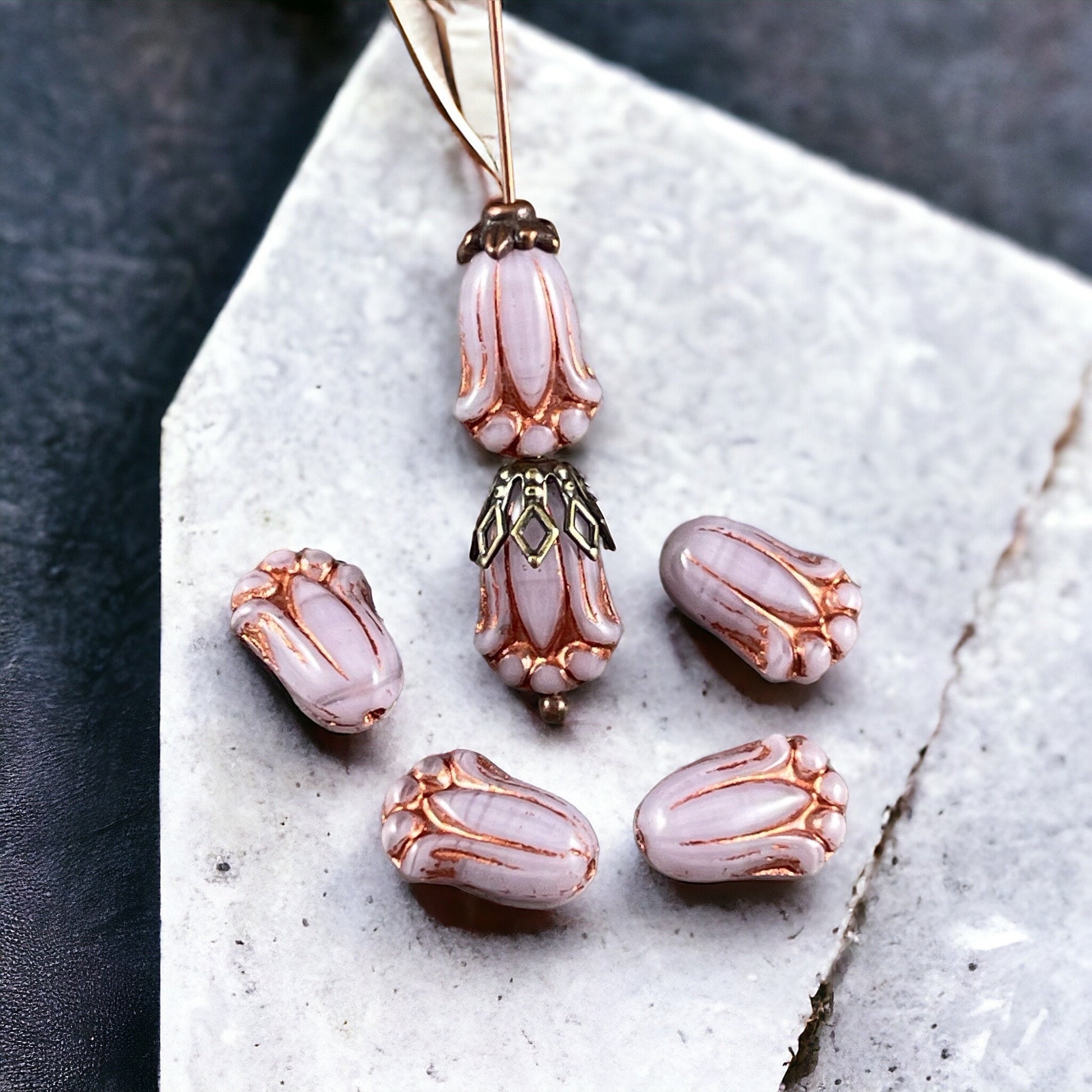 Light Purple Lily Bud Beads with Copper Wash, Czech Glass Beads, 12x8mm Flower Bud (LBud15) * Qty. 12