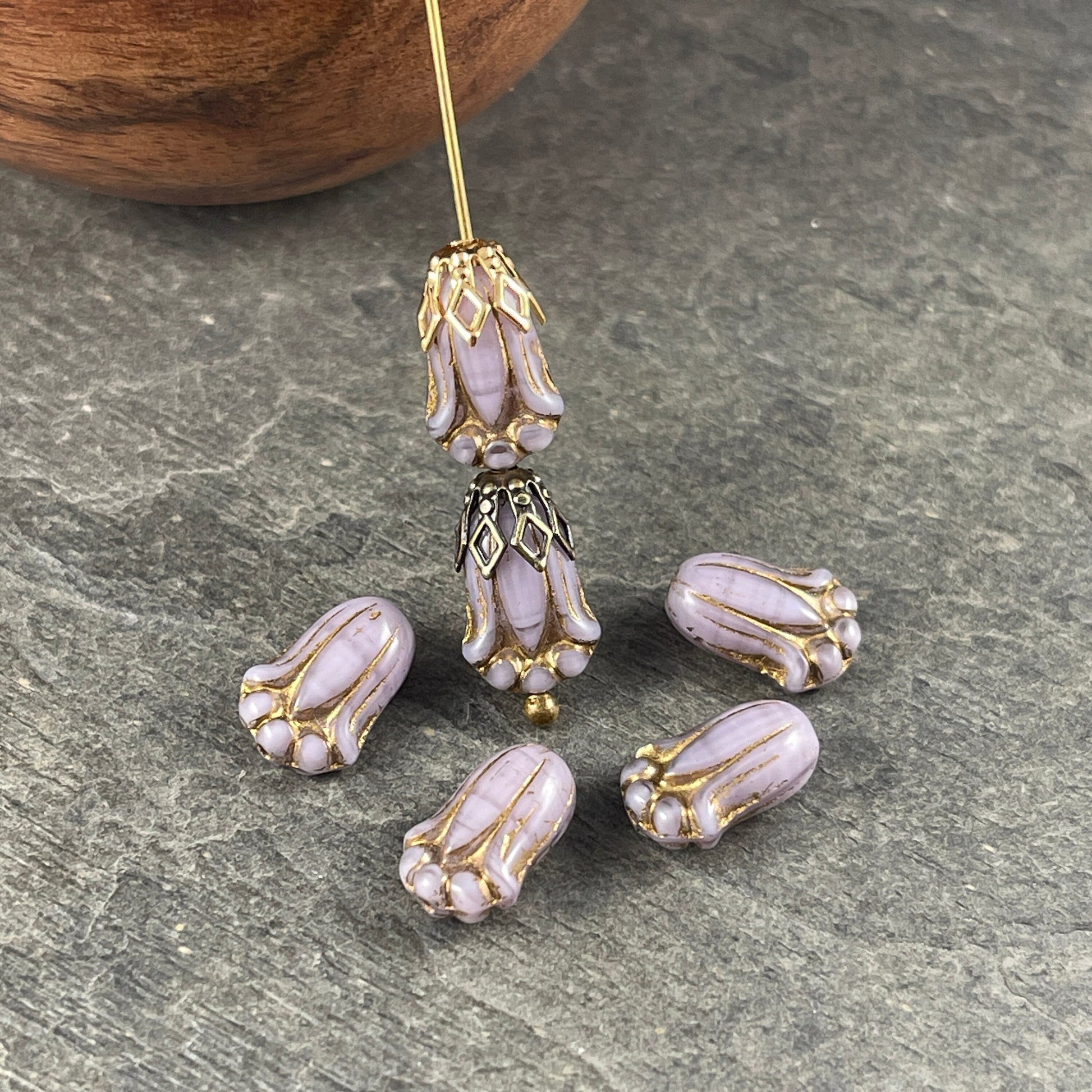 Light Purple Lily Bud Beads with Gold Wash, Czech Glass Beads, 12x8mm Flower Bud (LBud13) * Qty. 12