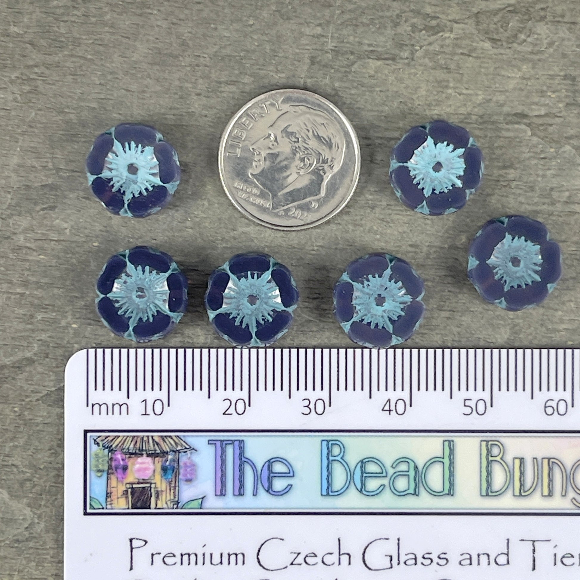 Czech Glass Beads - 12mm Purple and Blue Hibiscus Flower Beads ~ Opaque Lavender with Turquoise Wash (FL12/RJ-1154) * Qty. 6