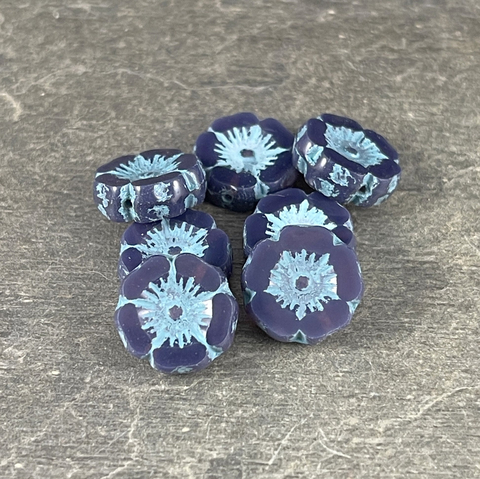 Czech Glass Beads - 12mm Purple and Blue Hibiscus Flower Beads ~ Opaque Lavender with Turquoise Wash (FL12/RJ-1154) * Qty. 6