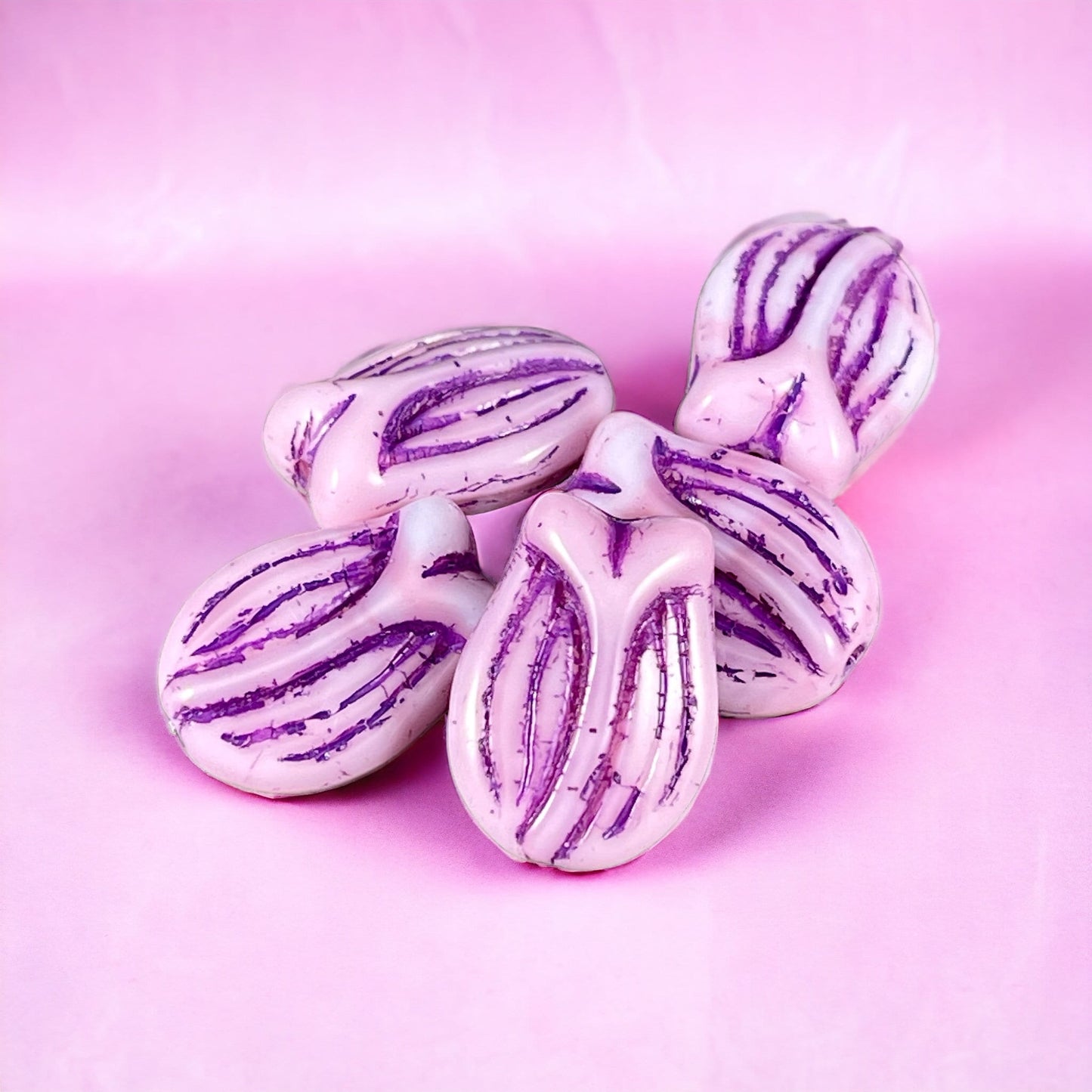 Czech Glass Beads - 16x11 Tulip Beads - Pink and White Flower with Purple Wash (PTul-18) * Qty. 4