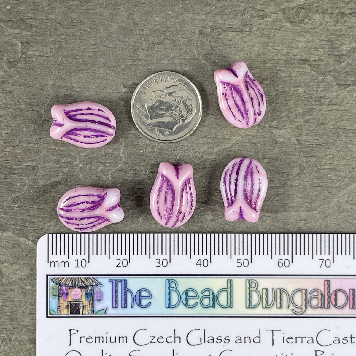 Czech Glass Beads - 16x11 Tulip Beads - Pink and White Flower with Purple Wash (PTul-18) * Qty. 4