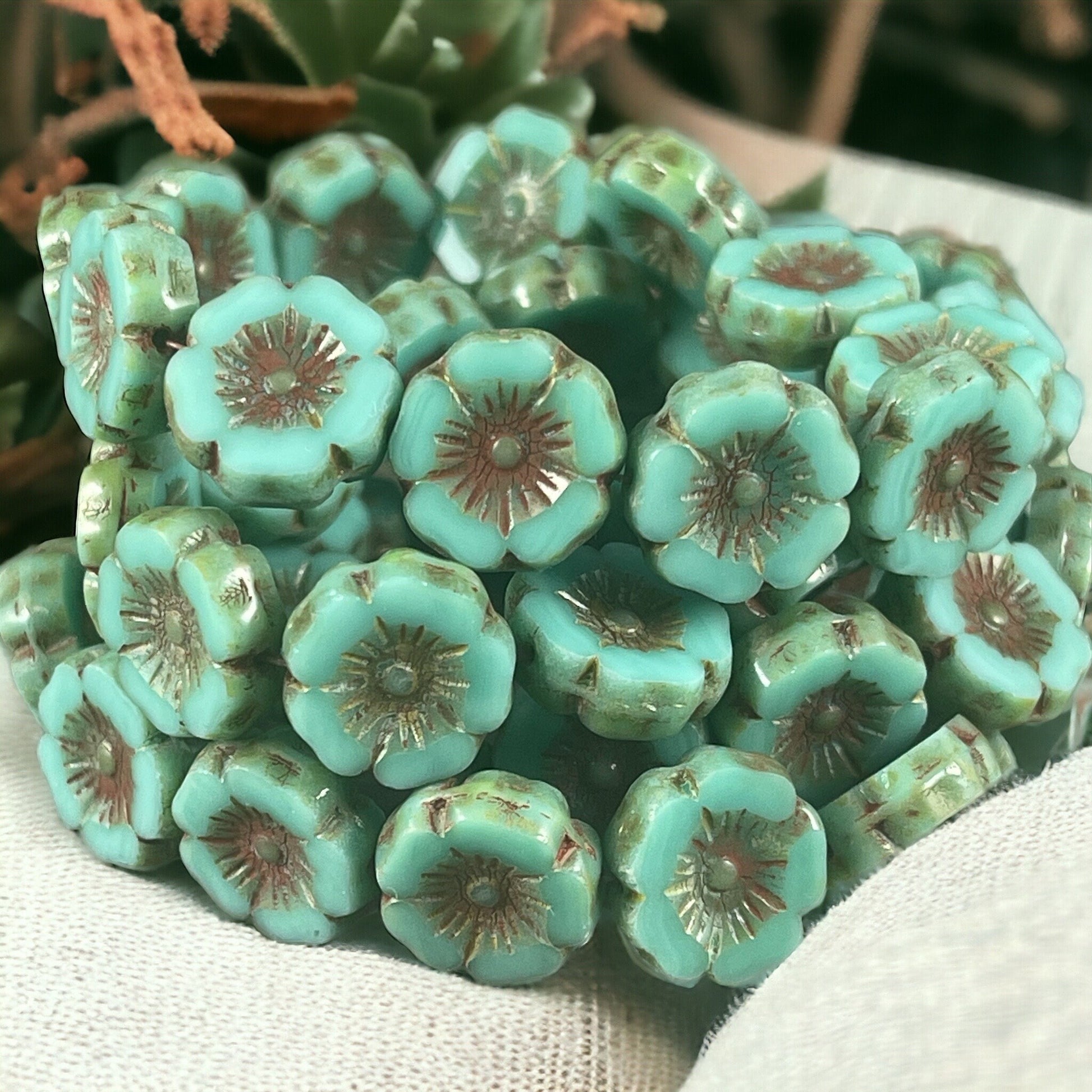 Czech Glass Beads - 12mm Turquoise Blue Hibiscus Flower Beads ~ Turquoise Glass with Picasso Finish (FL12/RJ-1184) * Qty. 6