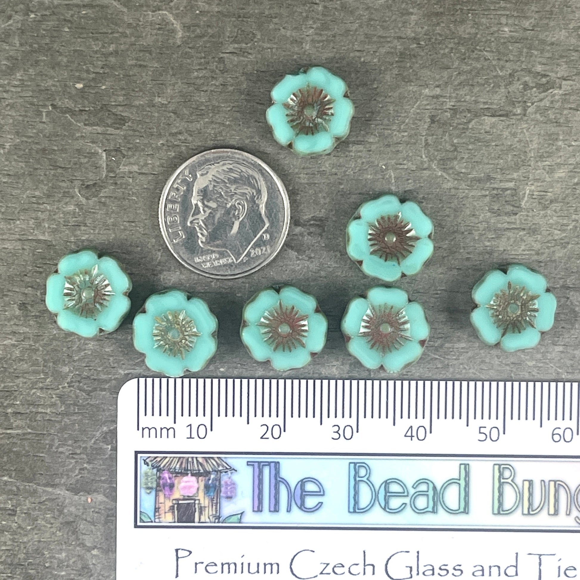 Czech Glass Beads - 12mm Turquoise Blue Hibiscus Flower Beads ~ Turquoise Glass with Picasso Finish (FL12/RJ-1184) * Qty. 6