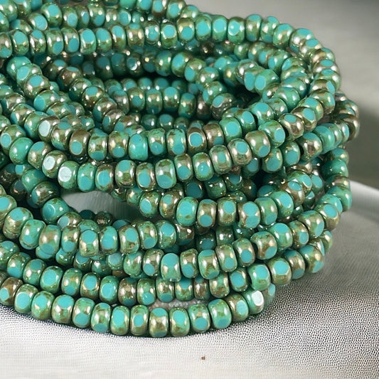 Czech Glass Beads - 4x3mm Tri-Cut Faceted Seed Bead, Opaque Turquoise Beads with Luster Finish (TRICA/RJ-2783) * Qty. 50