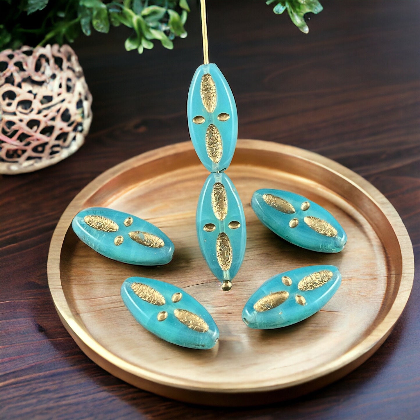 Czech Glass Beads - 20x9mm Marquise Shape, Aqua Opal with Gold Wash (PSpndl-1) * Qty. 8