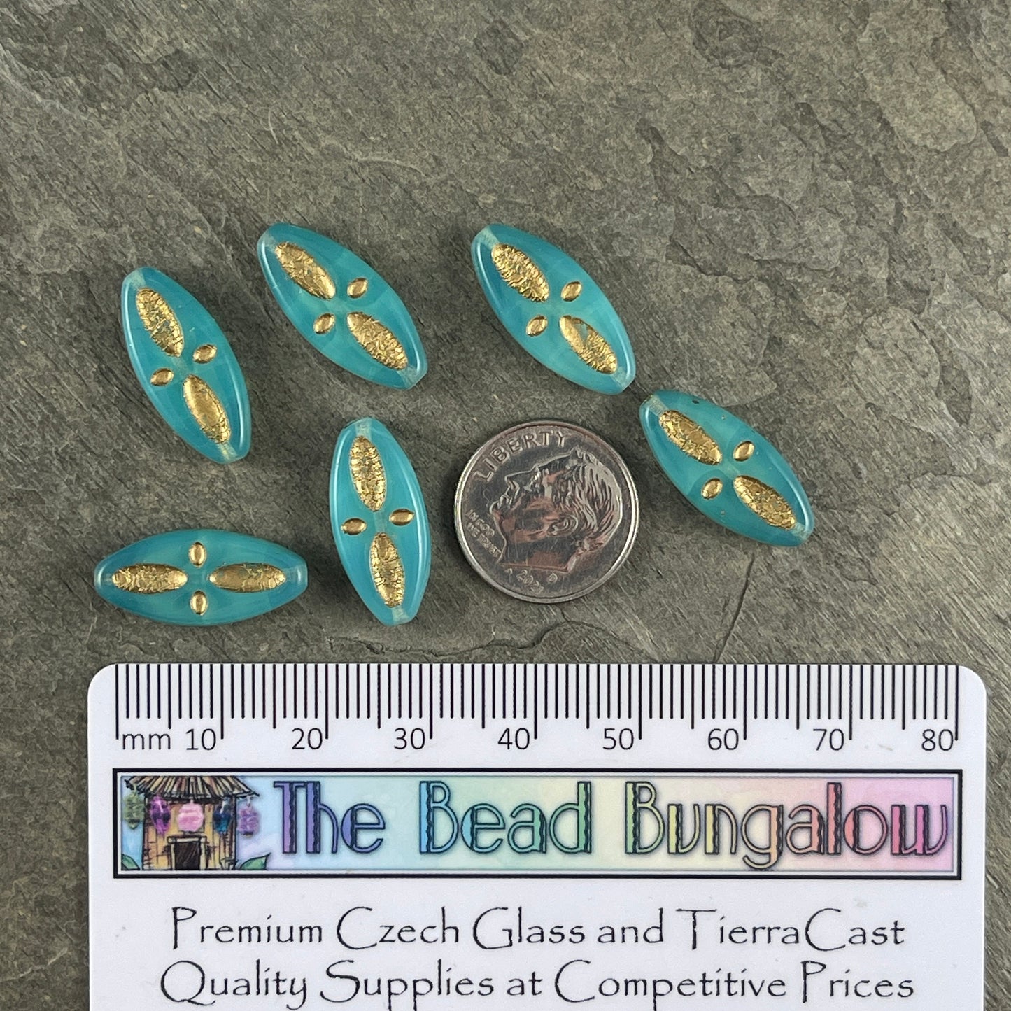 Czech Glass Beads - 20x9mm Marquise Shape, Aqua Opal with Gold Wash (PSpndl-1) * Qty. 8