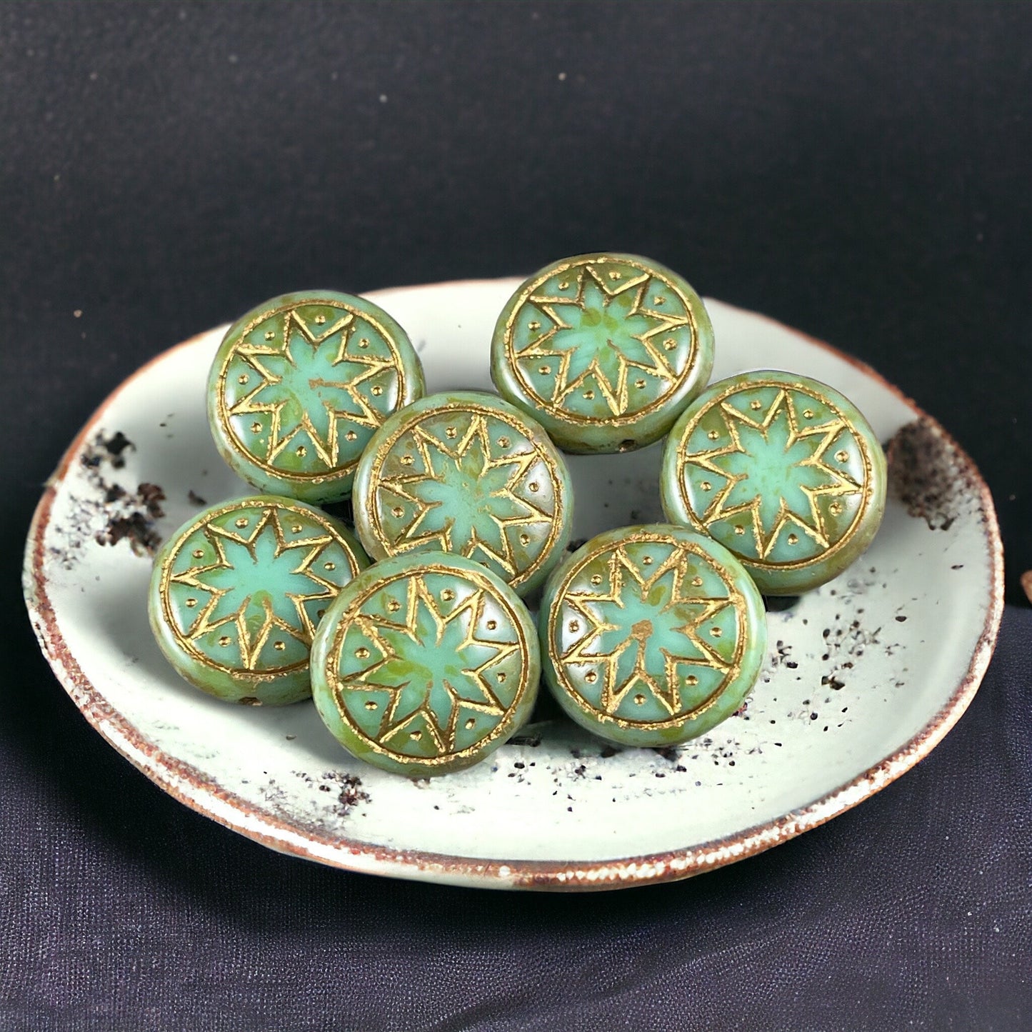 Czech Glass - 14mm Star of Ishtar, Turquoise Green Glass with Antiqued Gold Wash (PSOI-46) * Qty. 6
