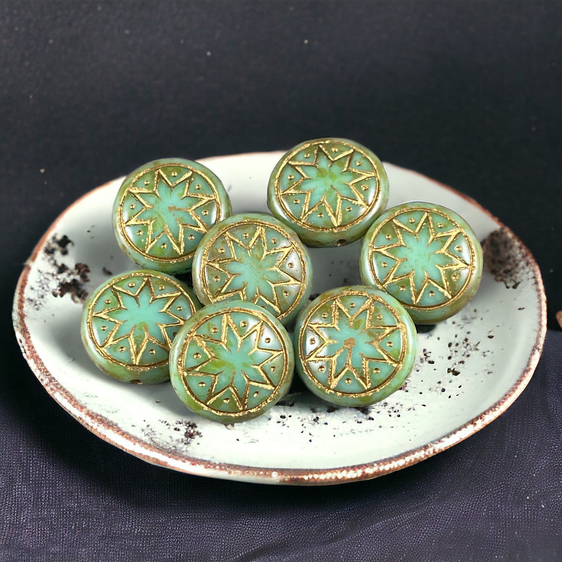 Czech Glass - 14mm Star of Ishtar, Turquoise Green Glass with Antiqued Gold Wash (PSOI-46) * Qty. 6
