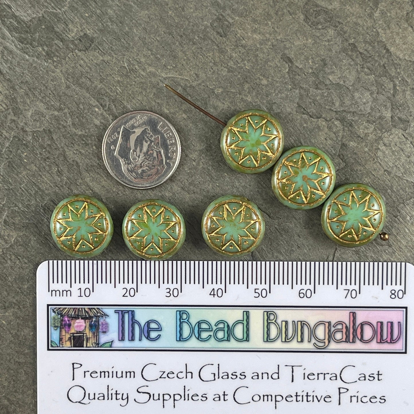 Czech Glass - 14mm Star of Ishtar, Turquoise Green Glass with Antiqued Gold Wash (PSOI-46) * Qty. 6