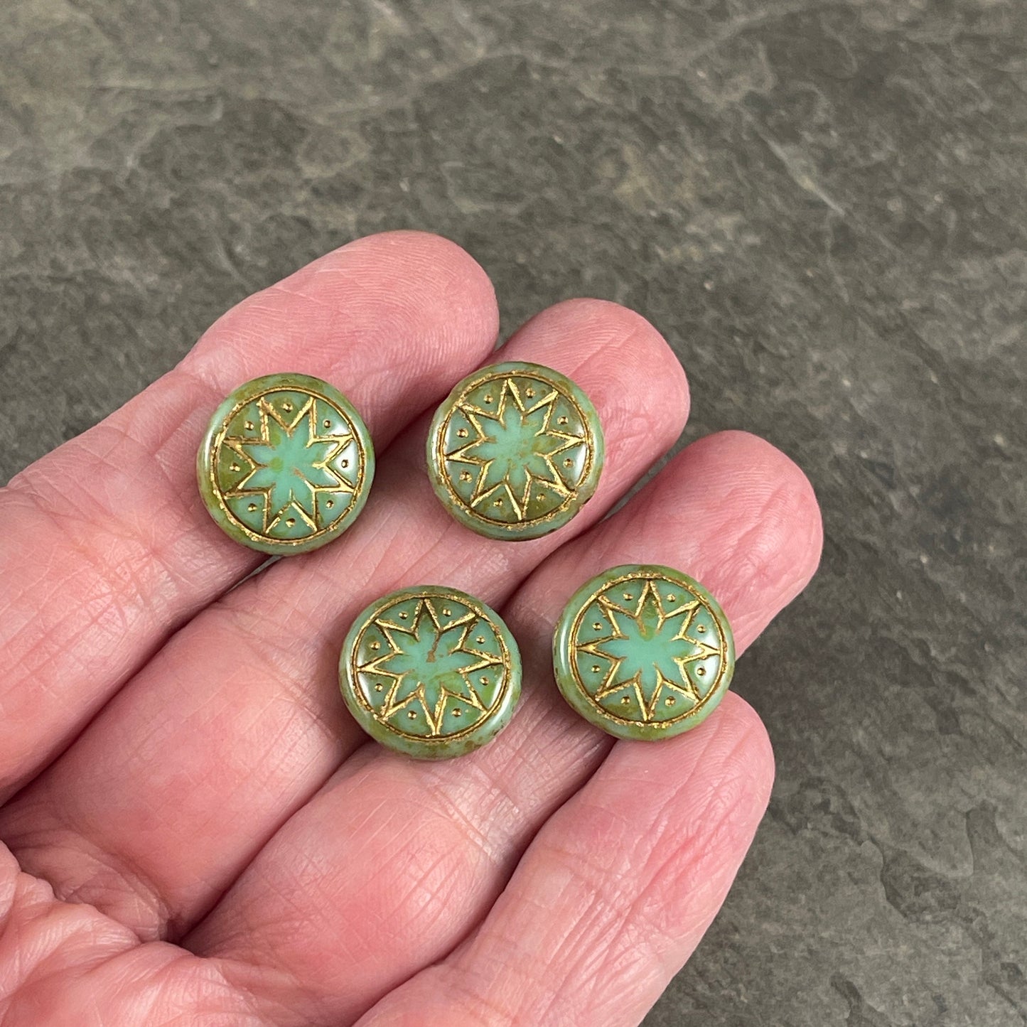 Czech Glass - 14mm Star of Ishtar, Turquoise Green Glass with Antiqued Gold Wash (PSOI-46) * Qty. 6