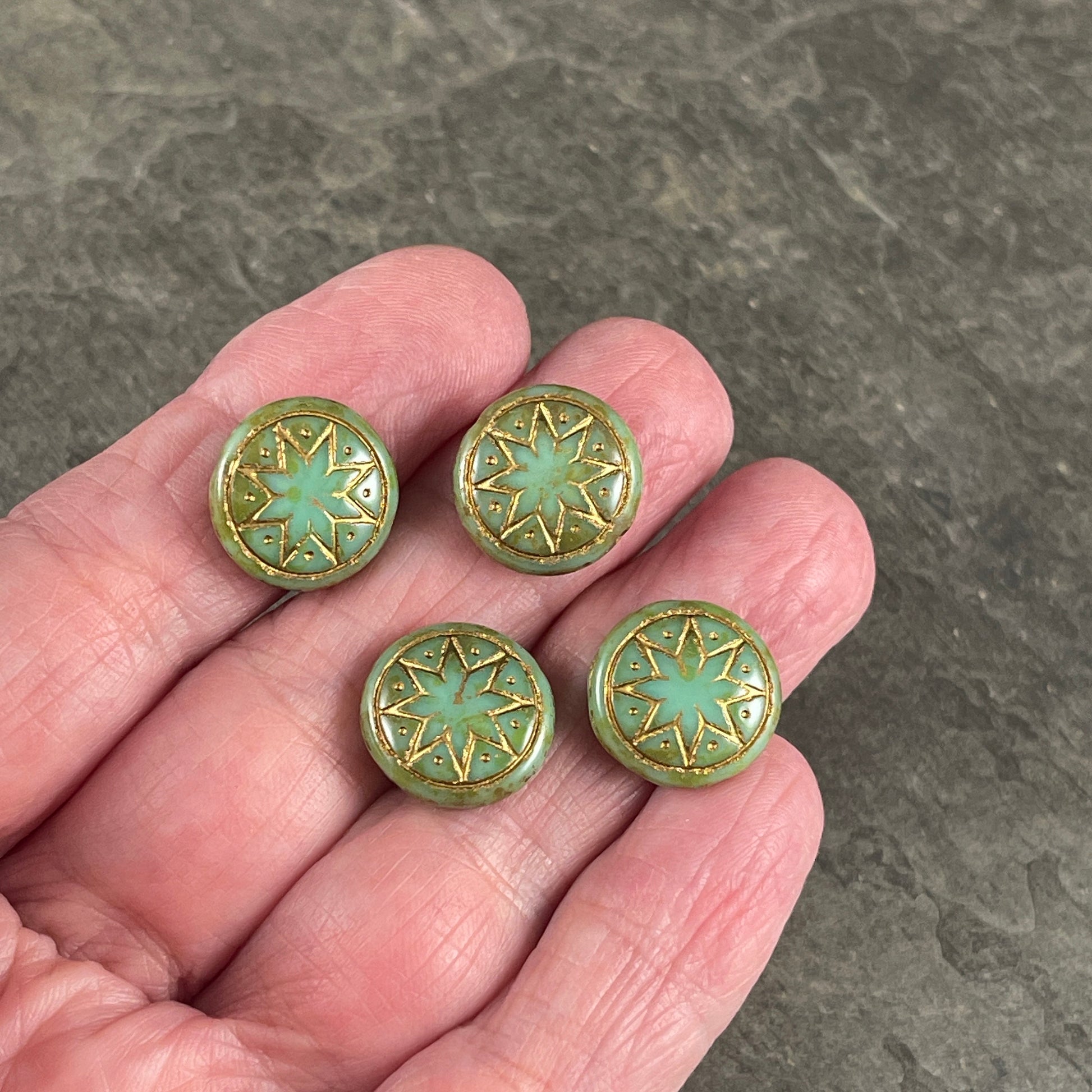 Czech Glass - 14mm Star of Ishtar, Turquoise Green Glass with Antiqued Gold Wash (PSOI-46) * Qty. 6