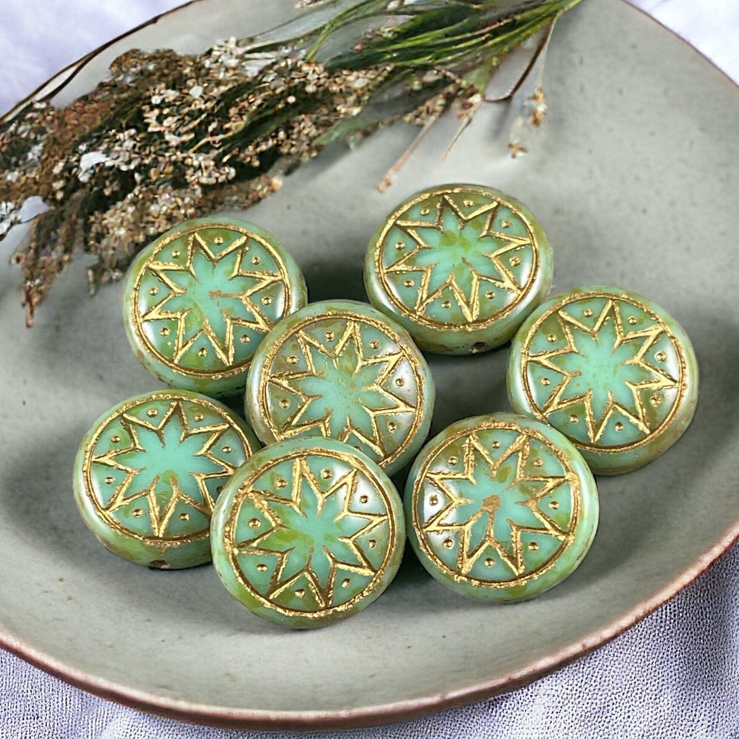 Czech Glass - 14mm Star of Ishtar, Turquoise Green Glass with Antiqued Gold Wash (PSOI-46) * Qty. 6
