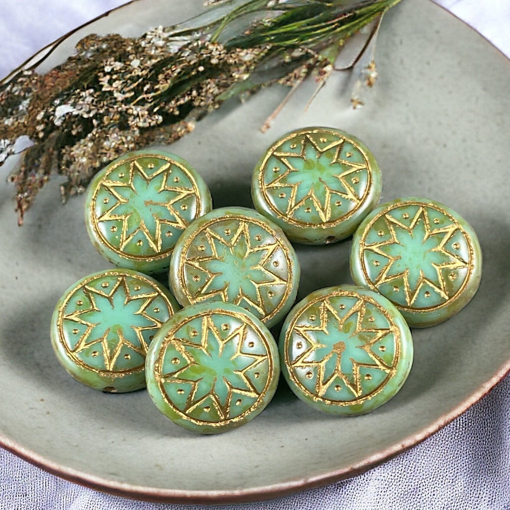 Czech Glass - 14mm Star of Ishtar, Turquoise Green Glass with Antiqued Gold Wash (PSOI-46) * Qty. 6