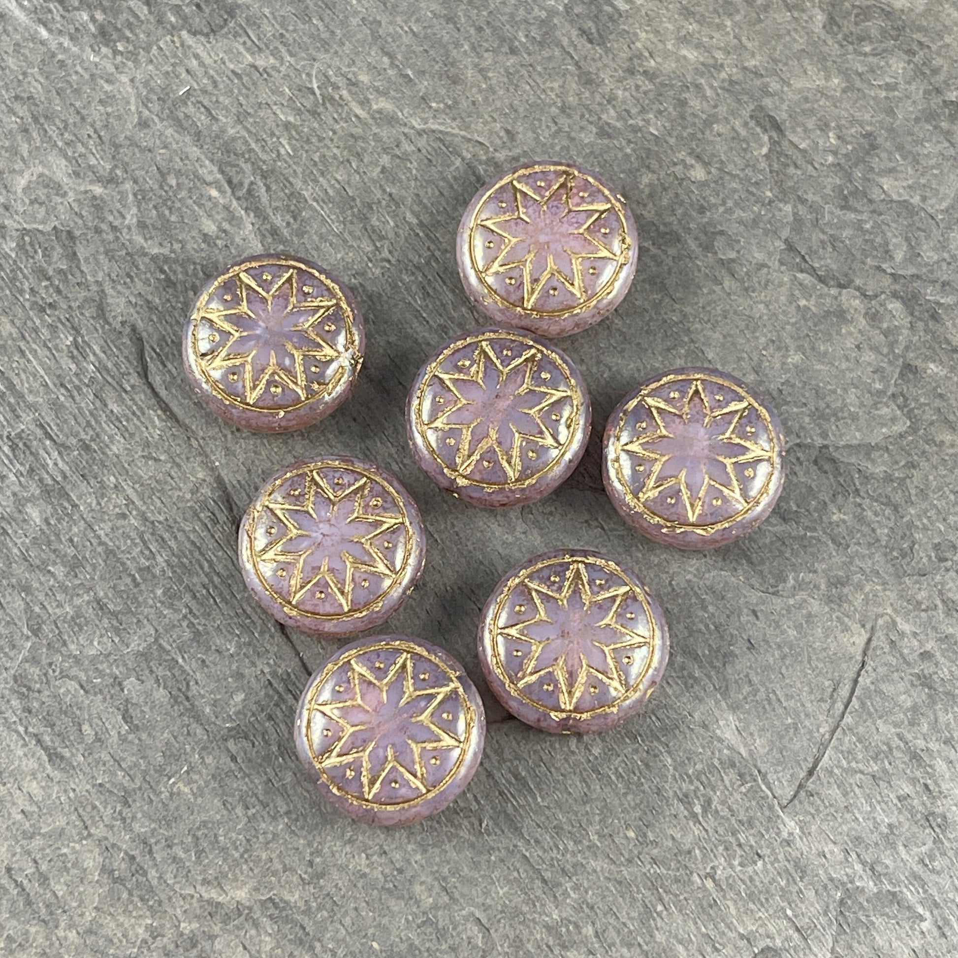 Pink Opal with White Luster and Gold Wash Finishes - Czech Glass Beads - Milky Pink and Gold 14mm Star of Ishtar ~ (PSOI-x3) * Qty. 4