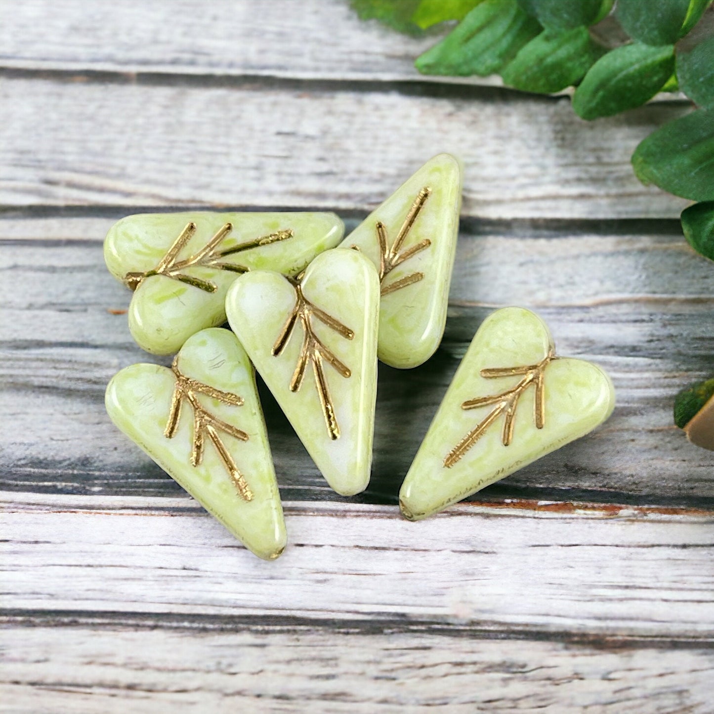 Pale Green and White Czech Glass Elongated Heart Shape Beads ~ 16x11mm Heart Leaf Bead with Gold Wash (HL-GrGold) * Qty. 6