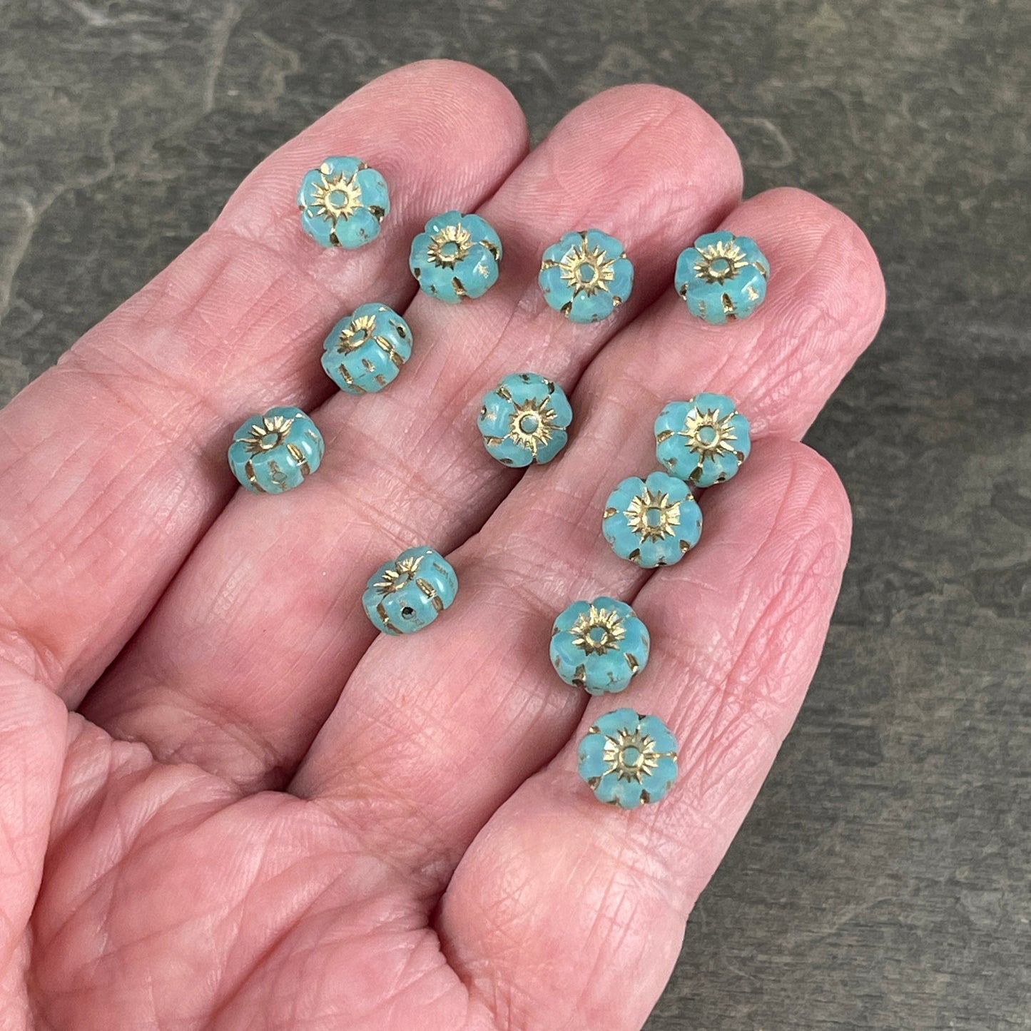 Tiny 7mm Hibiscus Flower, Milky Aqua Opaline with Gold Wash, Light Aqua Blue Czech Glass Bead (FL7/RJ-1213) * Qty. 12