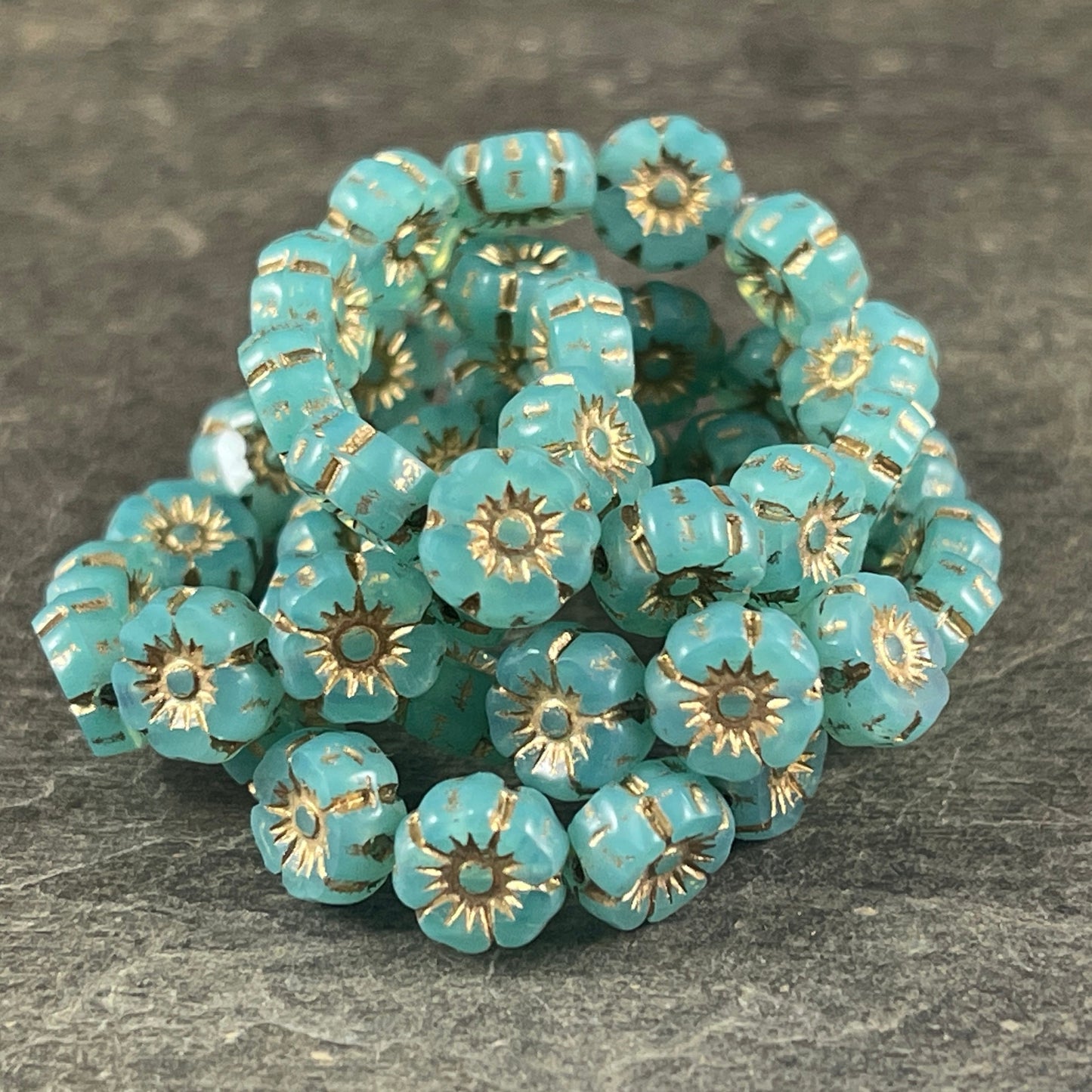 Tiny 7mm Hibiscus Flower, Milky Aqua Opaline with Gold Wash, Light Aqua Blue Czech Glass Bead (FL7/RJ-1213) * Qty. 12