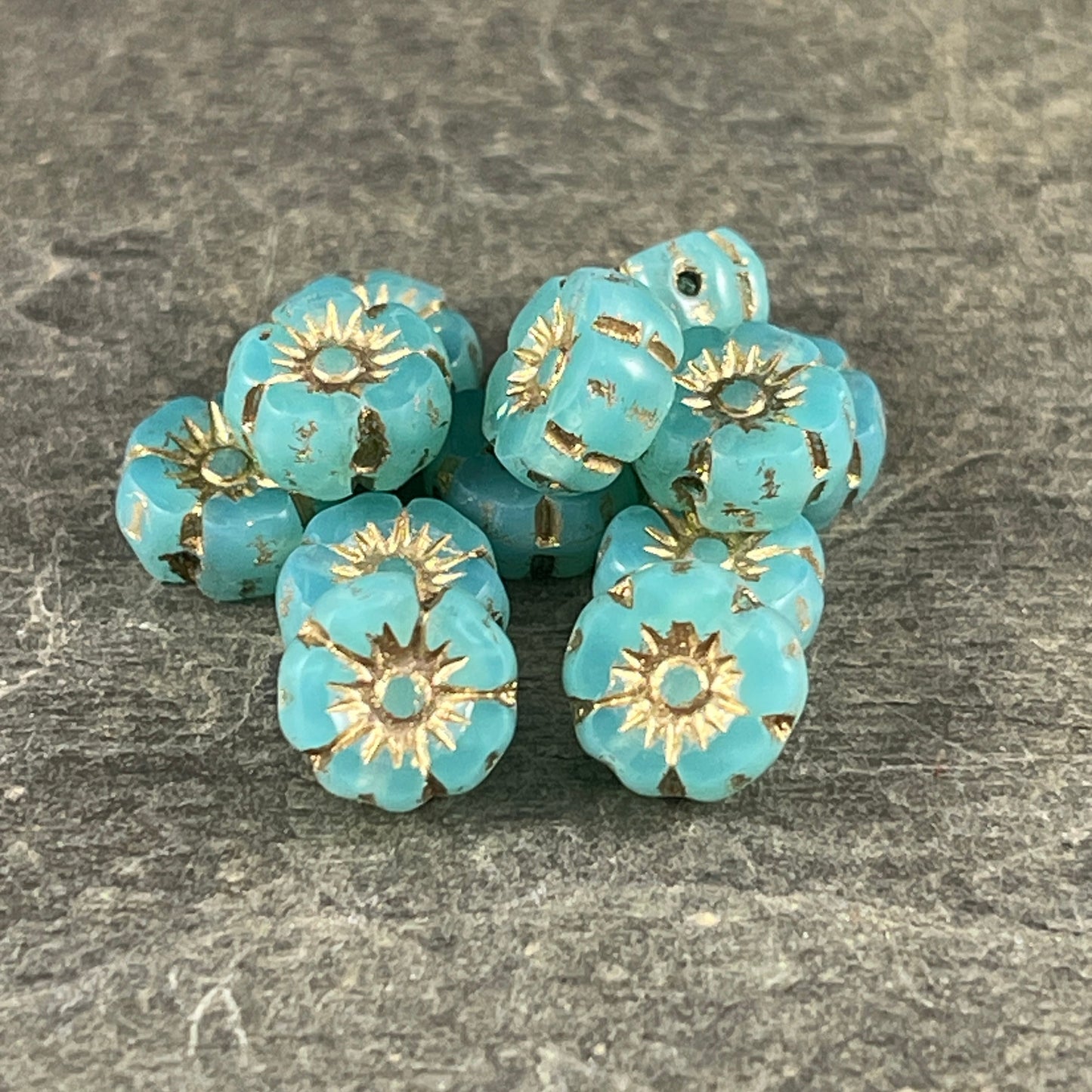 Tiny 7mm Hibiscus Flower, Milky Aqua Opaline with Gold Wash, Light Aqua Blue Czech Glass Bead (FL7/RJ-1213) * Qty. 12