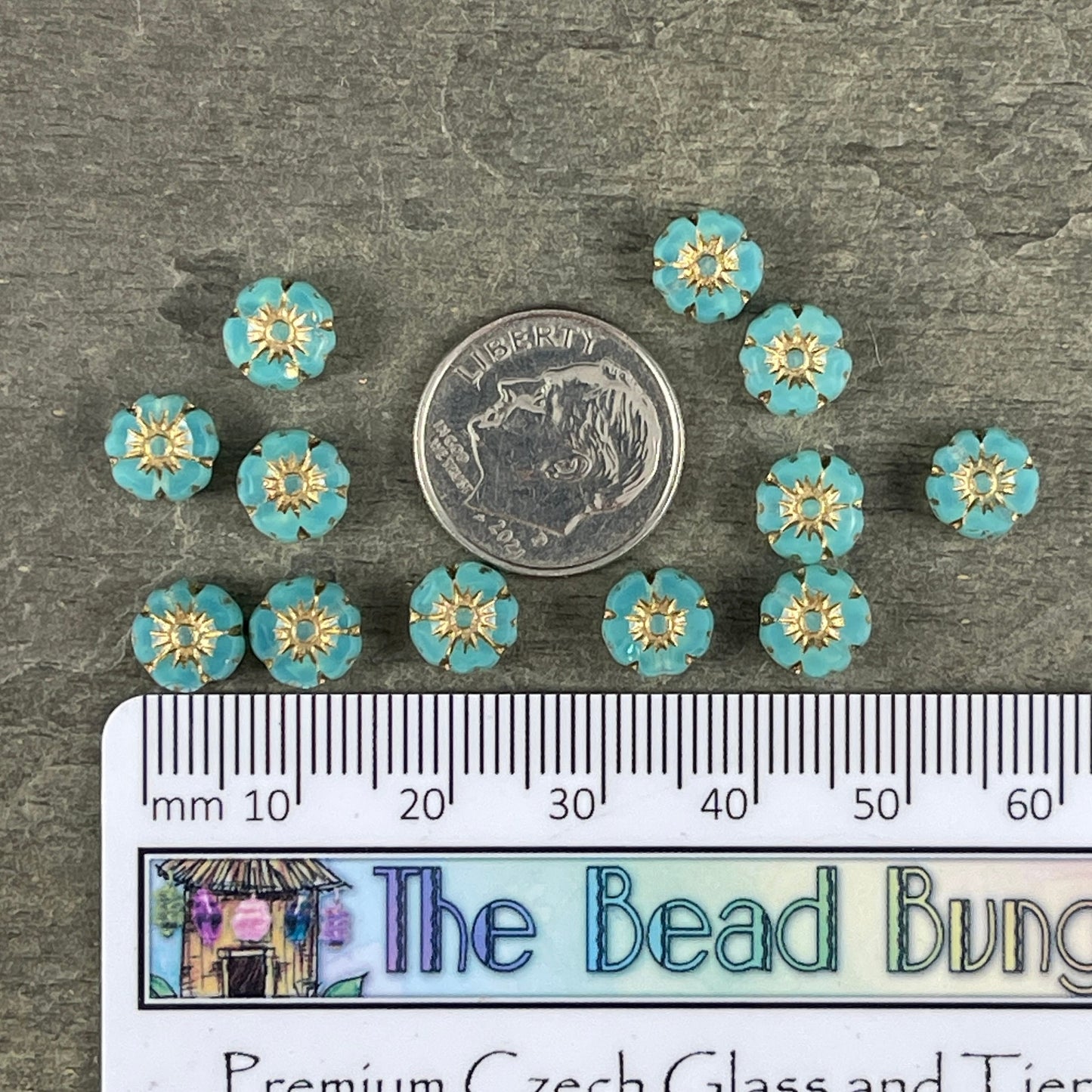 Tiny 7mm Hibiscus Flower, Milky Aqua Opaline with Gold Wash, Light Aqua Blue Czech Glass Bead (FL7/RJ-1213) * Qty. 12