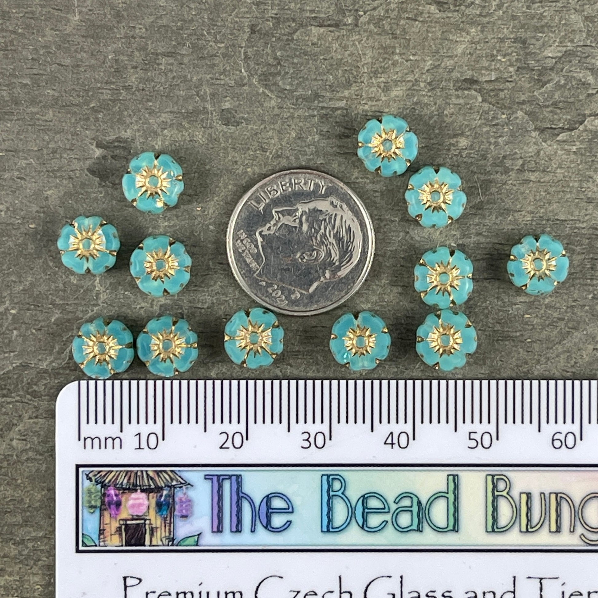 Tiny 7mm Hibiscus Flower, Milky Aqua Opaline with Gold Wash, Light Aqua Blue Czech Glass Bead (FL7/RJ-1213) * Qty. 12