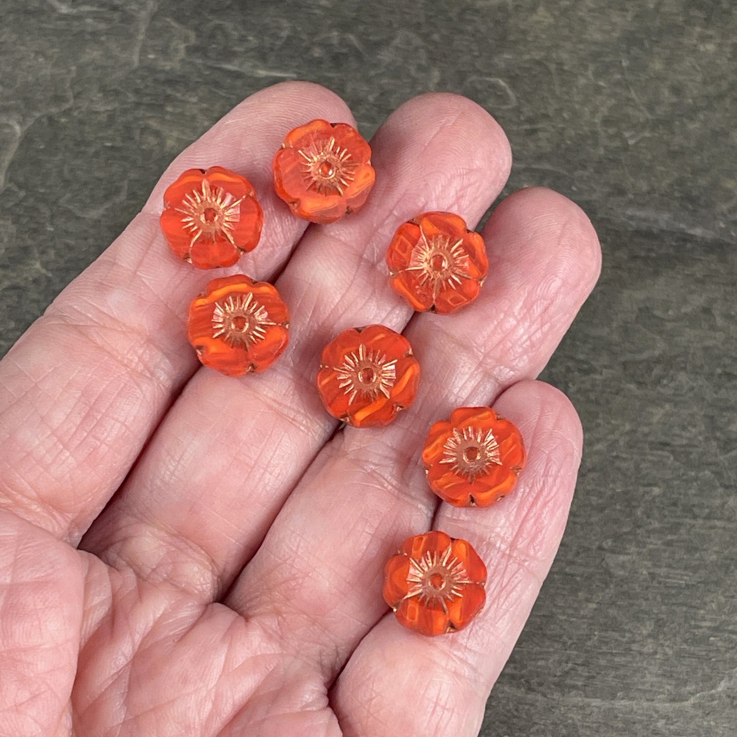 Czech Glass Beads - 12mm Orange Hibiscus Flower Beads ~ Dark Orange Striped Glass with Copper Wash (FL12/RJ-1171) * Qty. 6