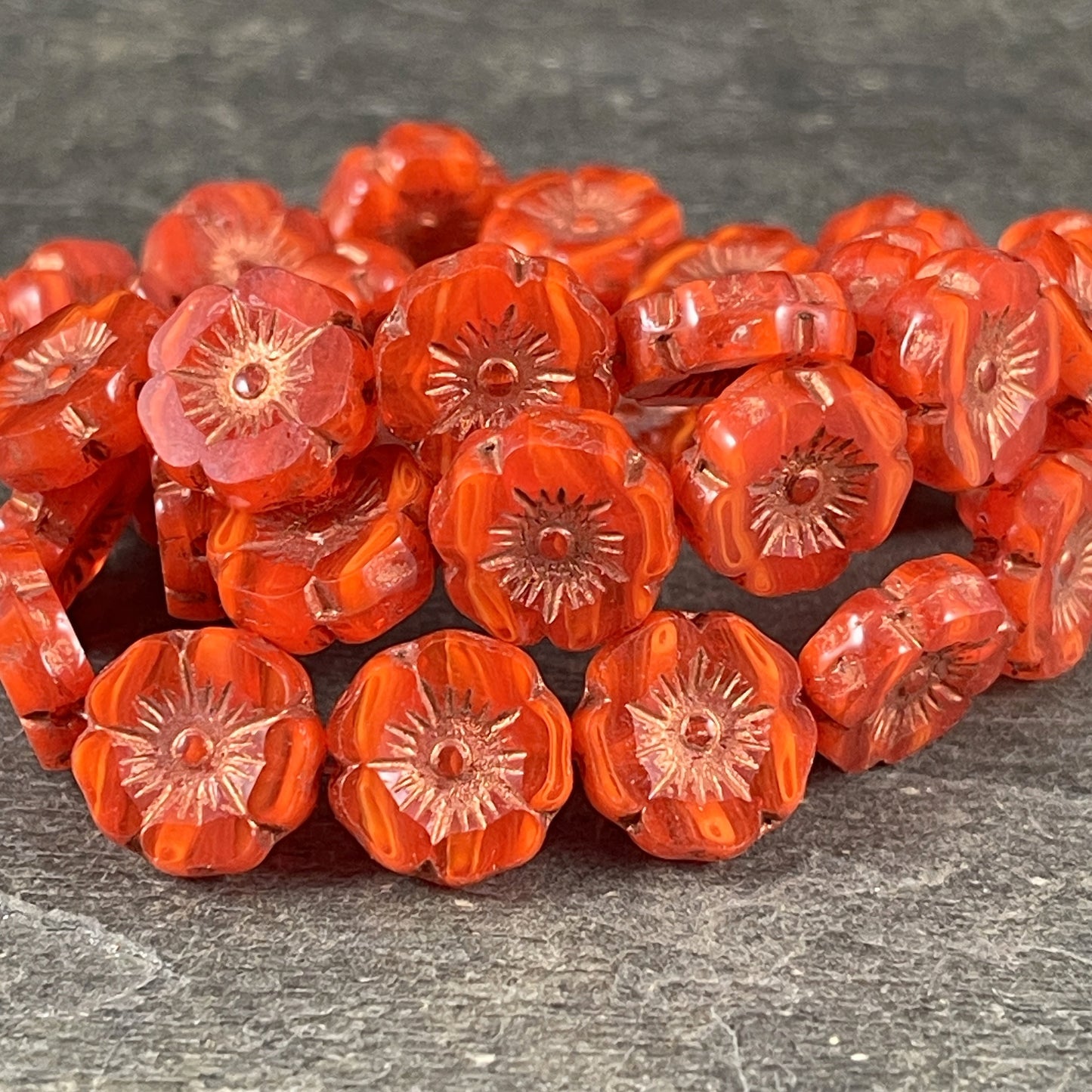 Czech Glass Beads - 12mm Orange Hibiscus Flower Beads ~ Dark Orange Striped Glass with Copper Wash (FL12/RJ-1171) * Qty. 6