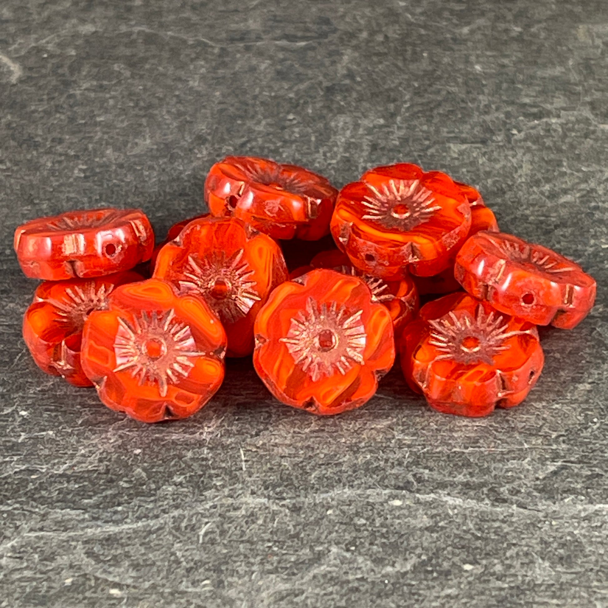 Czech Glass Beads - 12mm Orange Hibiscus Flower Beads ~ Dark Orange Striped Glass with Copper Wash (FL12/RJ-1171) * Qty. 6