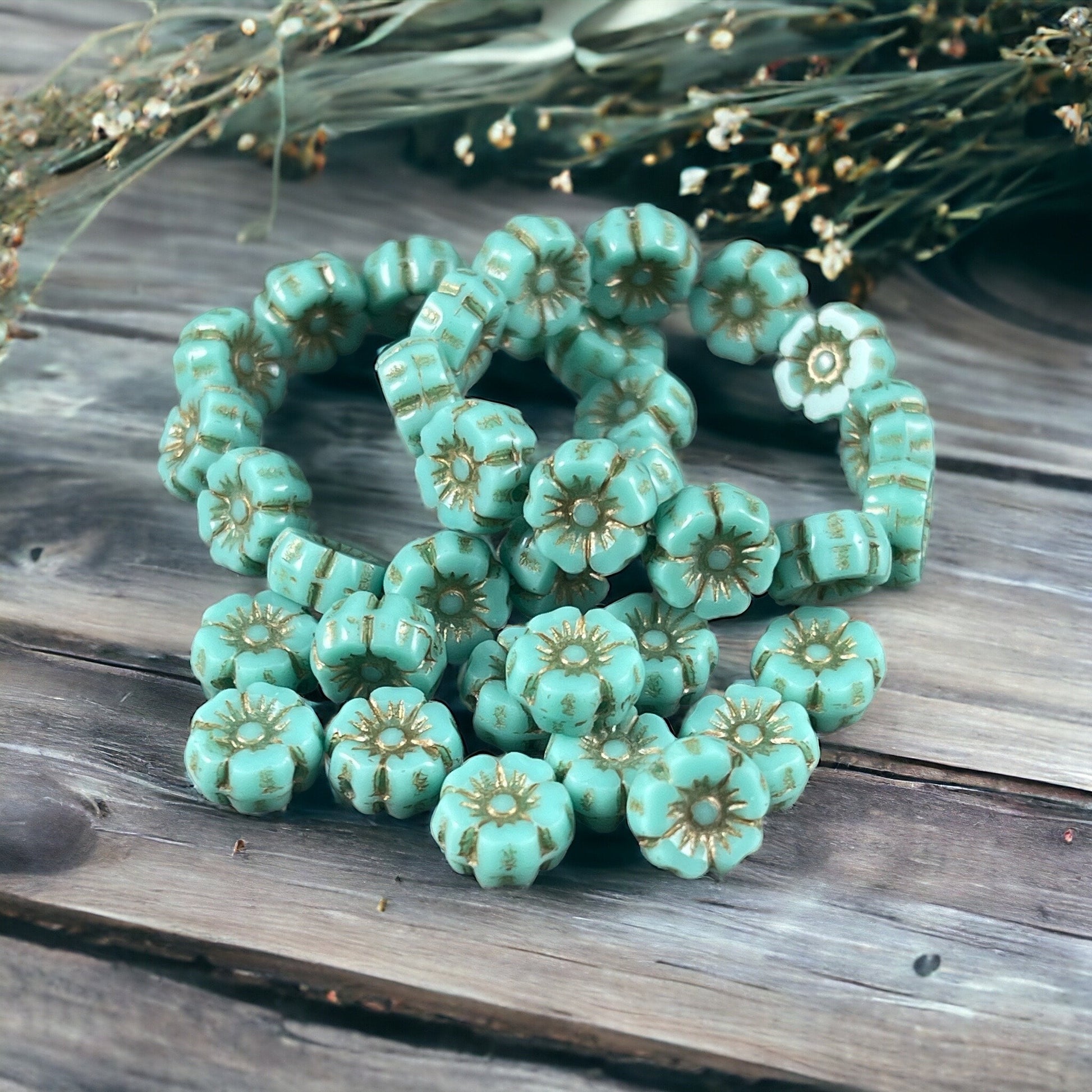 Tiny 7mm Flower Beads, Turquoise Blue Hibiscus Flowers, Light Blue Czech Glass Beads with Picasso Finish (FL7/RJ-1199) * Qty. 12