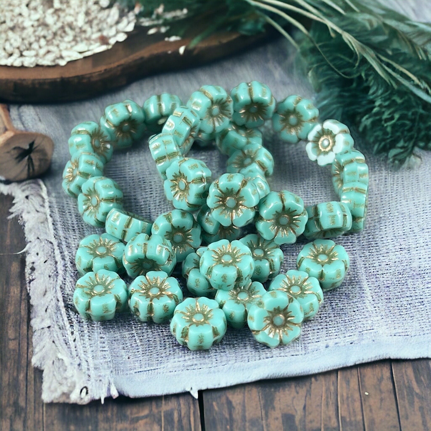 Tiny 7mm Flower Beads, Turquoise Blue Hibiscus Flowers, Light Blue Czech Glass Beads with Picasso Finish (FL7/RJ-1199) * Qty. 12
