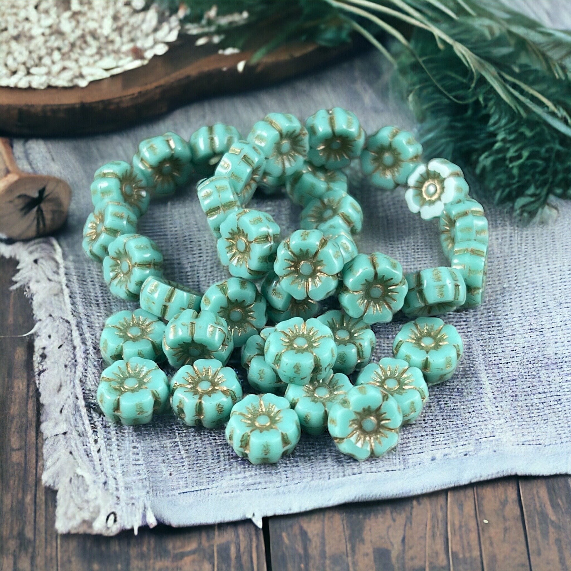 Tiny 7mm Flower Beads, Turquoise Blue Hibiscus Flowers, Light Blue Czech Glass Beads with Picasso Finish (FL7/RJ-1199) * Qty. 12
