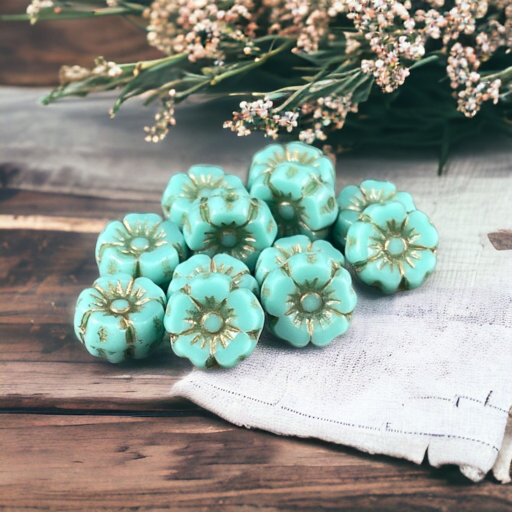 Tiny 7mm Flower Beads, Turquoise Blue Hibiscus Flowers, Light Blue Czech Glass Beads with Picasso Finish (FL7/RJ-1199) * Qty. 12